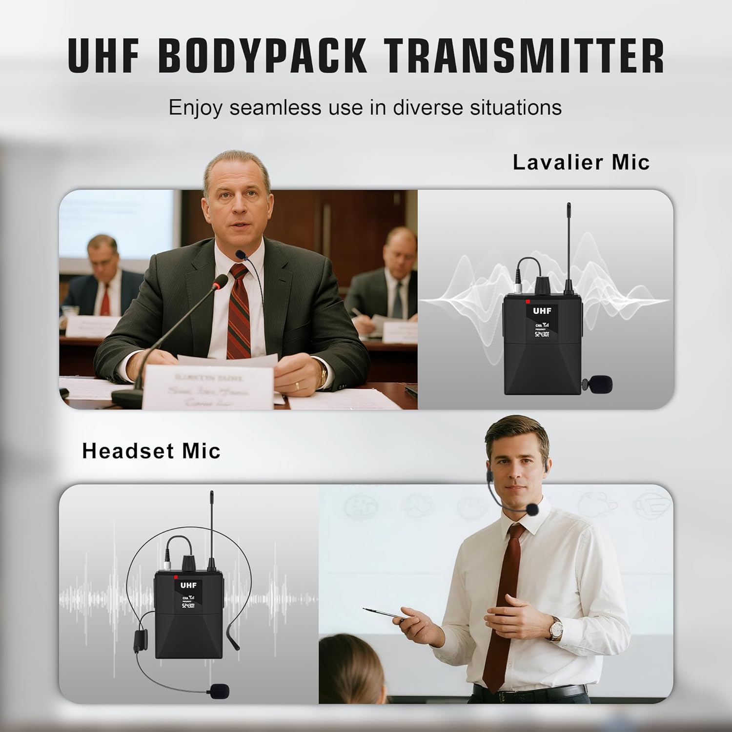 Lapel Microphones 4 Channel UHF Wireless Microphone System with 4 Lavalier 4 Headset Mics, Metal Receiver for Singing Meeting Church Wedding Event TV Speaker (4 Bodypack, 262ft Range) - Image 4