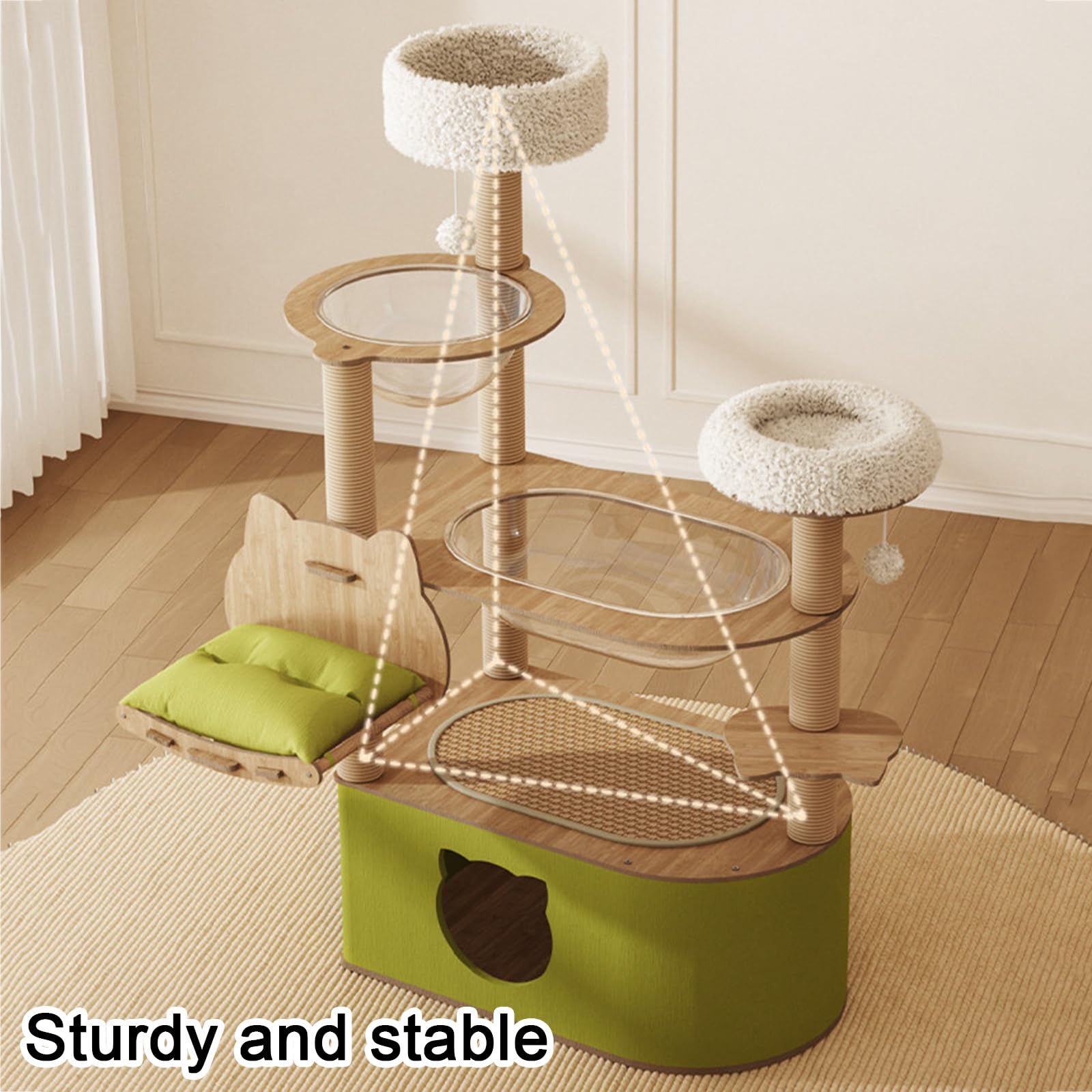 Madera Rascador Gato con Cápsula Espacial Plataforma de Felpa Columna de Sisal para Rascar Árbol para Gatos de Varios Niveles Caseta Grande Base Reforzada Cuna Incluida Gran Capacidad de Peso