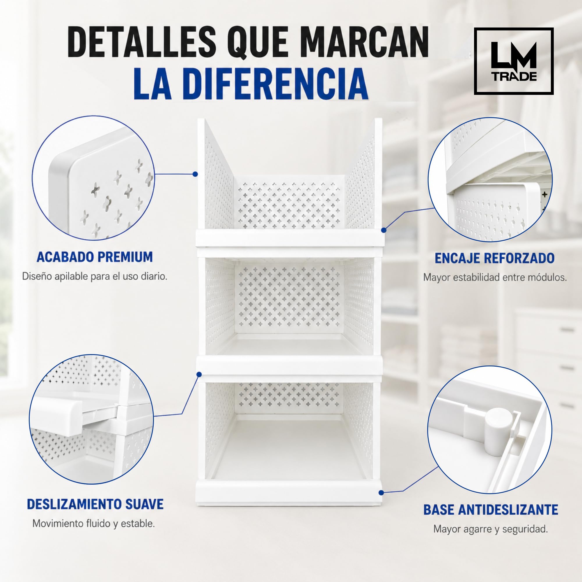 Organizador Armario - Bandejas Extraíbles - 3 Módulos Apilables | Acceso frontal - base antideslizante - tope de seguridad - optimiza espacio - organiza camisetas - pantalones y accesorios