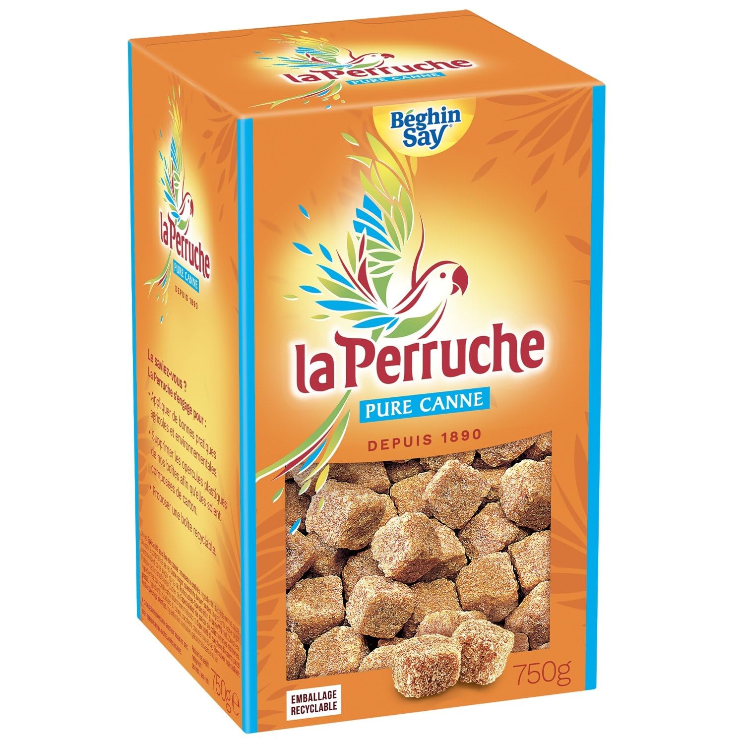 Sucre Pure Canne Morceaux La Perruche BEGHIN SAY - la boite de 750 g Lot De 4 - Par Lot