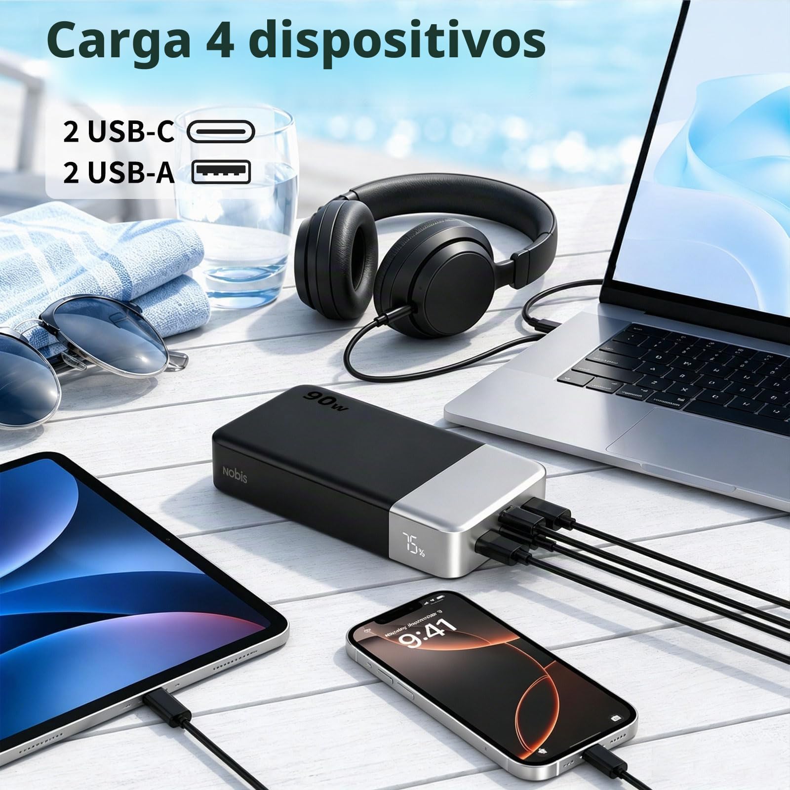 NOBIS Power Bank 20000mAh 90W Batería Externa Carga Rápida | Batería Portátil, 4 Puertos, PD, Pantalla Digital, Compatible con Portátiles, Tabletas, Teléfonos y Más Dispositivos