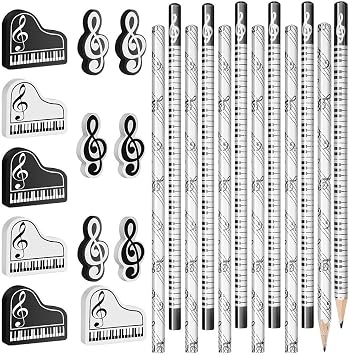 24 Piece Pencil and Eraser Set, Piano, Music Pattern, Stylish, Stationery, Music, Recitals, Students, Teachers, Classrooms, School Supplies, Gift