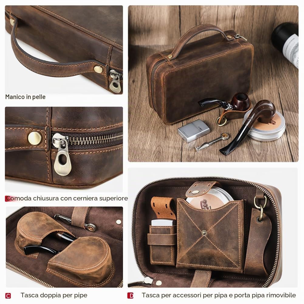 CONTACTS Borsa porta tabacco in pelle con supporto, custodia da viaggio per 2 tubi, accessori per pipa da fumo, borsa organizer con tracolla staccabile