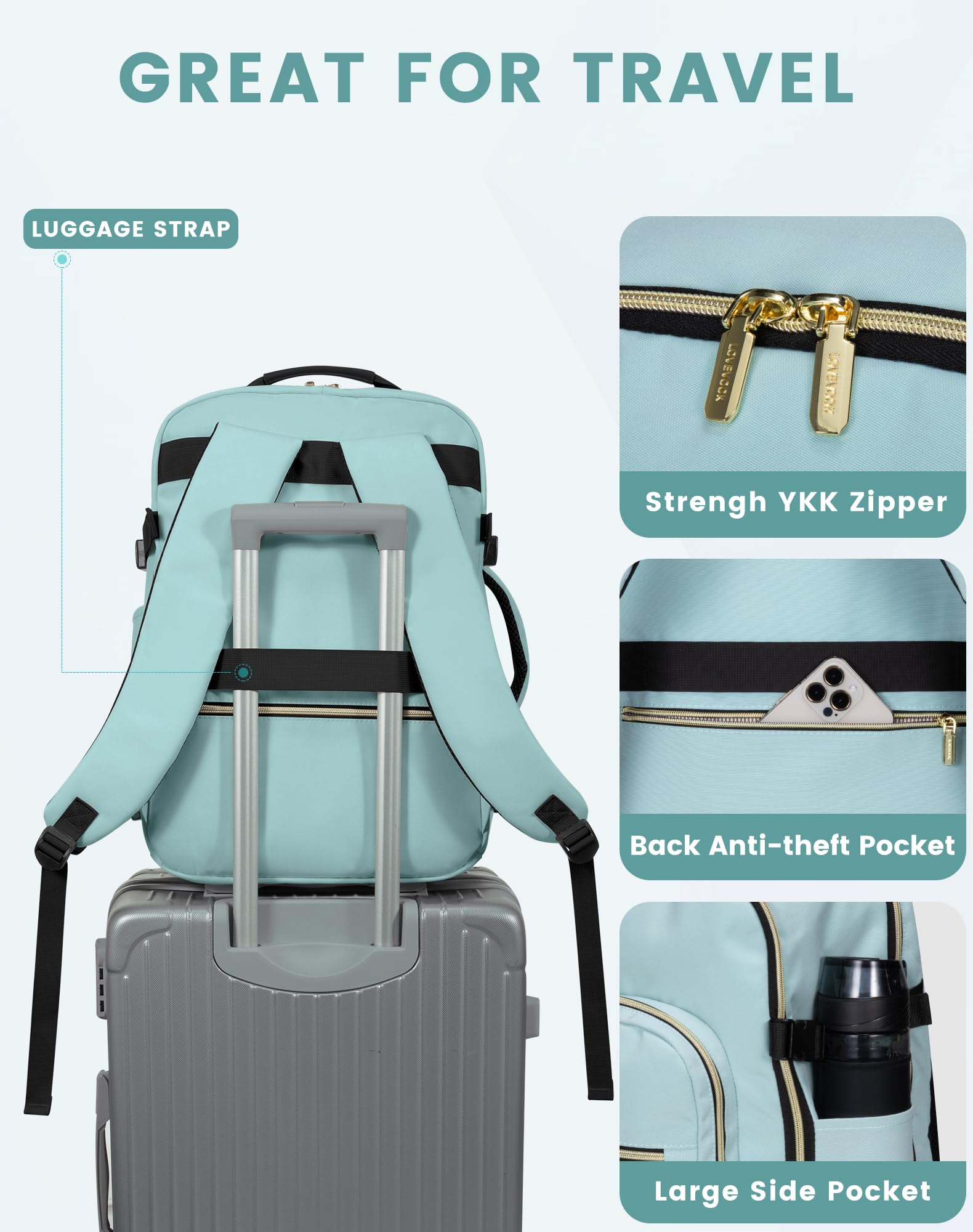 LOVEVOOK Zaino da Viaggio Aereo Bagaglio a Mano, Impermeabile Zaini Trolley Bagaglio Donna 40L Cabin Max per Ryanair Easyjet, Grande Zaino Porta PC 17 Pollici Valigia Borsa a Zainetto