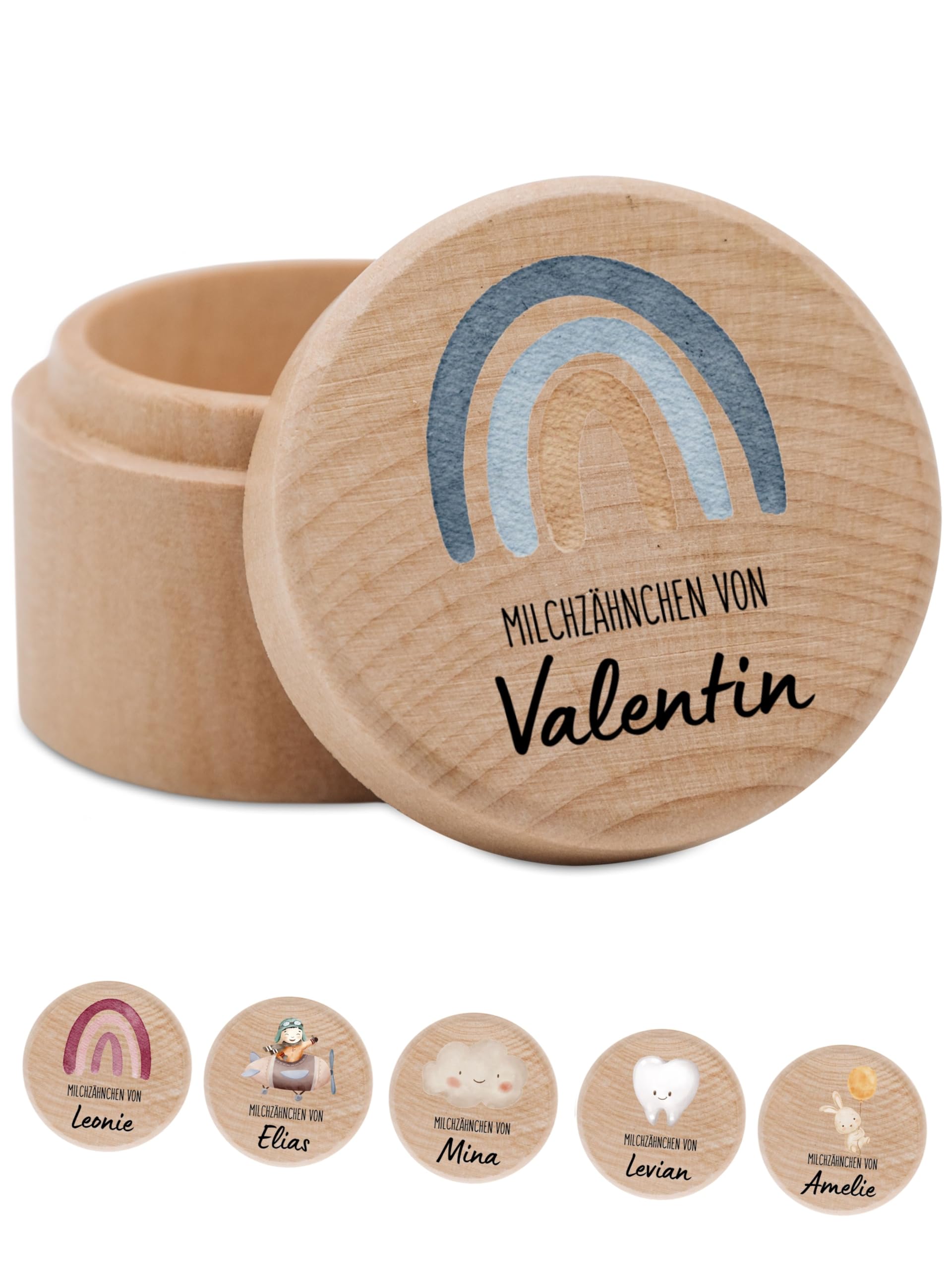 Bärenfreunde - Milchzahndose personalisiert aus Holz mit kinderfreundlichem UV-Druck - Zahndose Milchzähne als Erinnerung an die ersten Zähnchen (Regenbogen blau gelb)