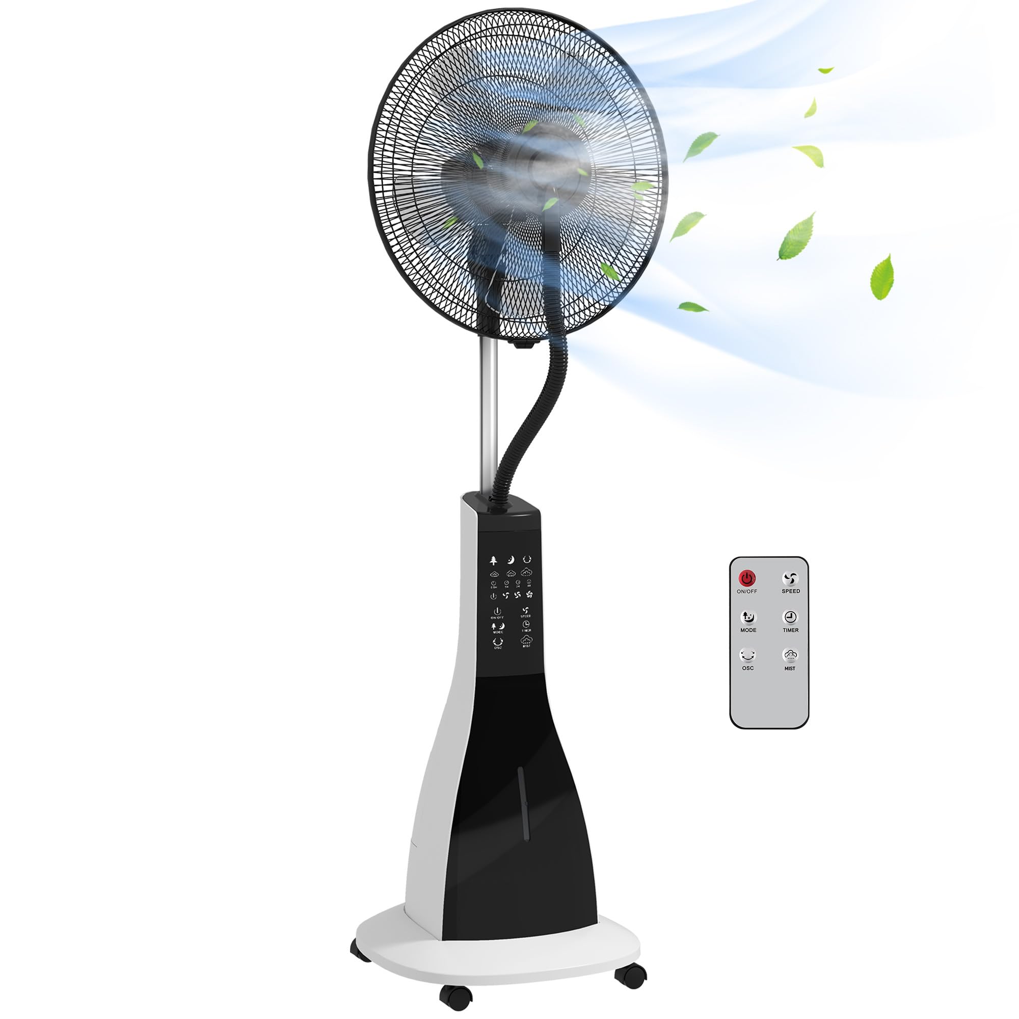 HOMCOM Ventilatore Nebulizzatore con Serbatoio 3L, Timer, 3 Modalità e 3 Velocità, Ventilatore a Piantana con Telecomando in Metallo e ABS, 44.5x38.5x120 cm, Bianco e Nero
