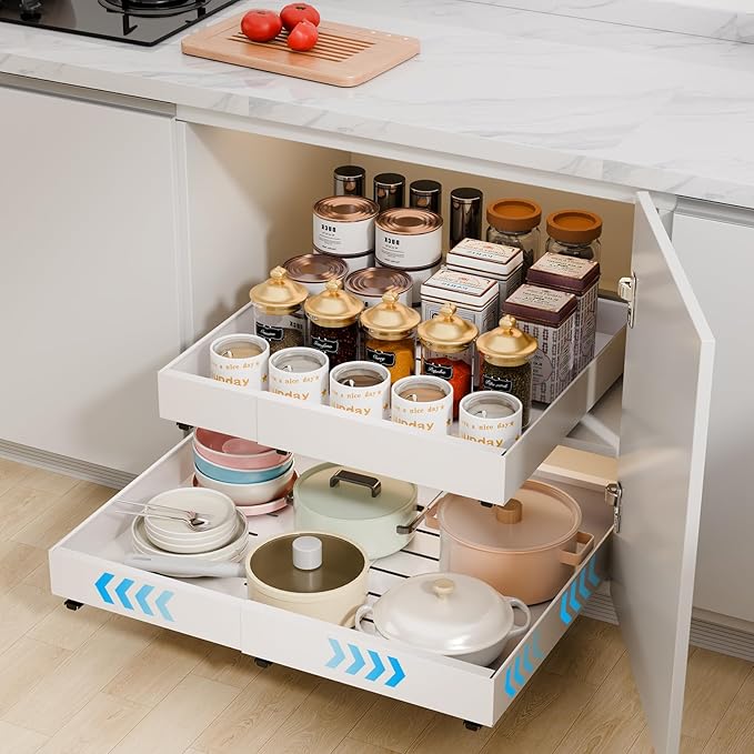 Expandable Pull Out Cabinet Organizer Adhesive(12.5"-20.6" W,21" D) No Drill Adjustable Cabinet Drawers,Slide Out Cabinet Organizer for Home Kitchen,Pantry,White 1PC