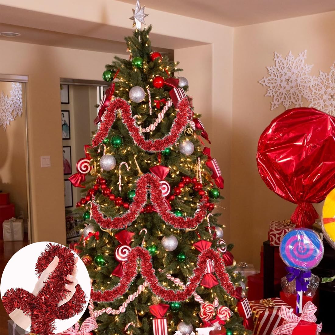 Guirlande Tinsel Noël Rouge & Or - 4 X 2m, Déco Sapin, Mur, Fenêtre, Fête Guirlande Tinsel Noël Rouge & Or - 4 X 2m, Déco Sapin, Mur, Fenêtre, Fête
