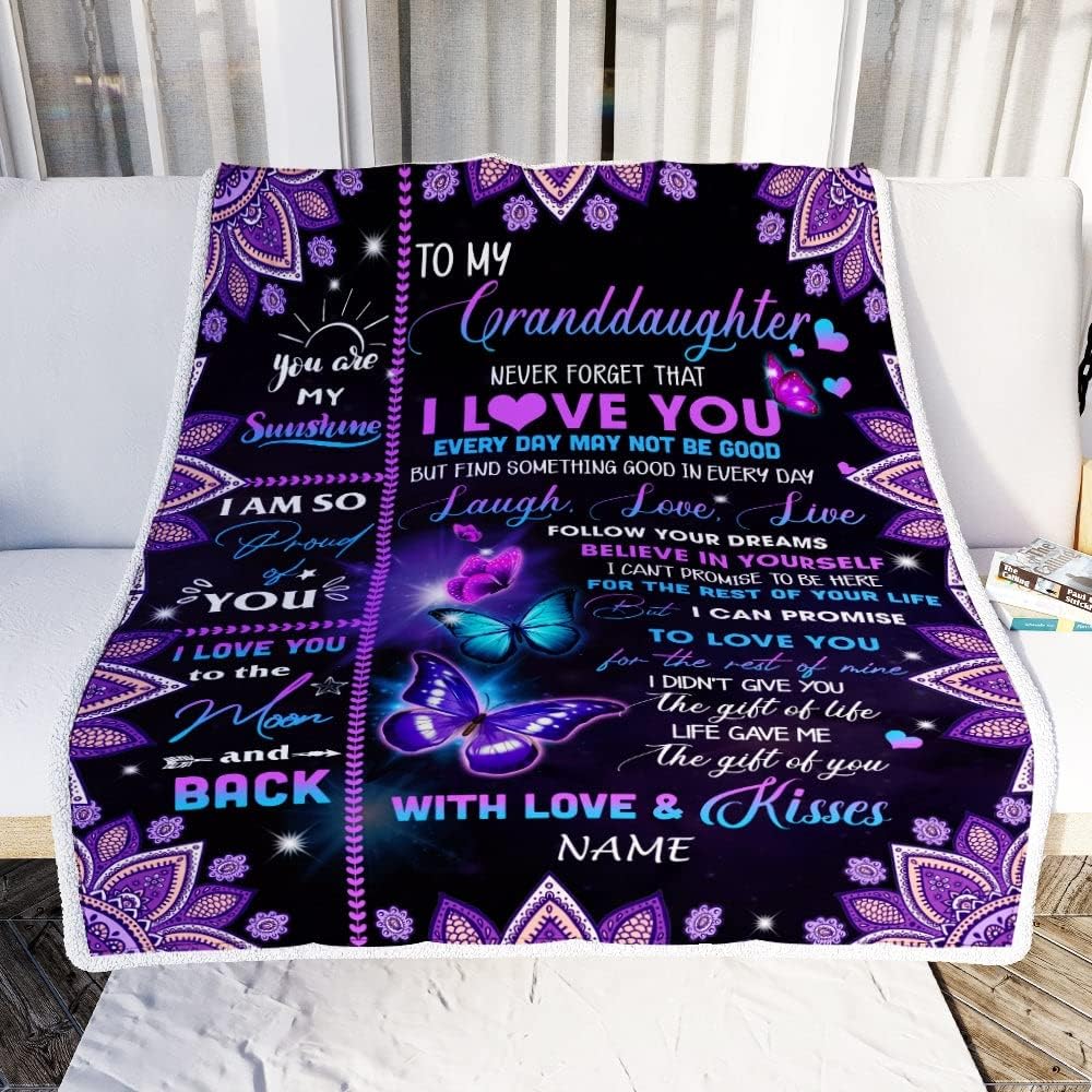 Personalized to My Granddaughter Blanket from Grandma Grandpa Never Forget That I Love You Butterfly Granddaughter Birthday Christmas Fleece Throw Blanket (60 x 80 in Adult Size)