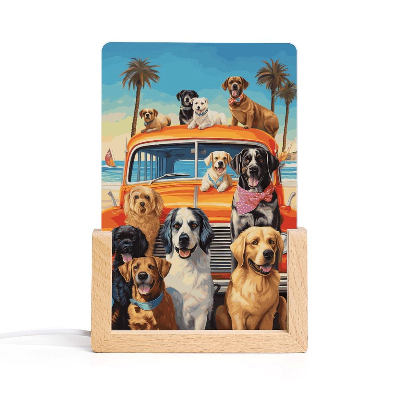 JTREHY Acrylic Night Light,Dog Days of Summer Printed Wooden Base LED Night Light Modern Home Decoration Light with USB Switch Cable for Bar Cafe Bedroom Room Decoration