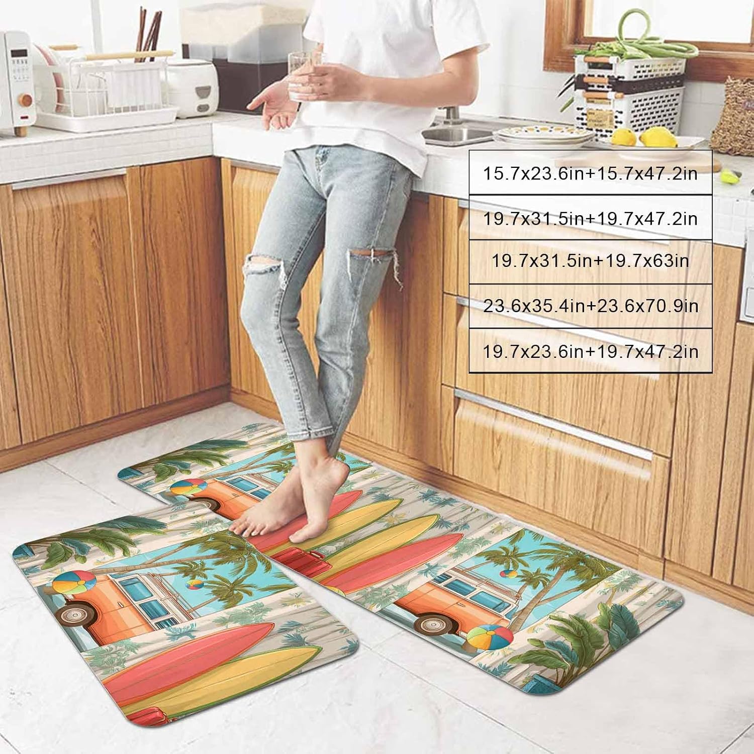 Prime Leader Summer Beach Vacation Kitchen Mat Set 2 Pieces Vehicle Palm Tree Surfboard Non Slip Kitchen Rugs Washable Runner Rug Mats for Sink Laundry (15.7" x 23.6"+15.7" x 47.2")