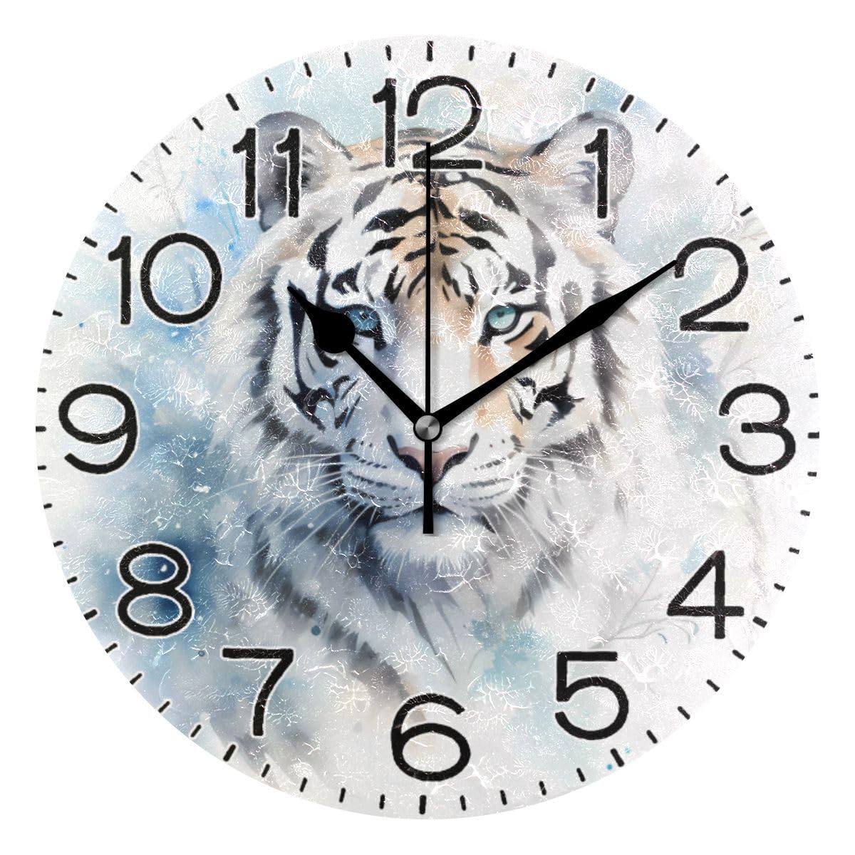 Horloge murale à quartz analogique tigre blanc déco rétro rustique