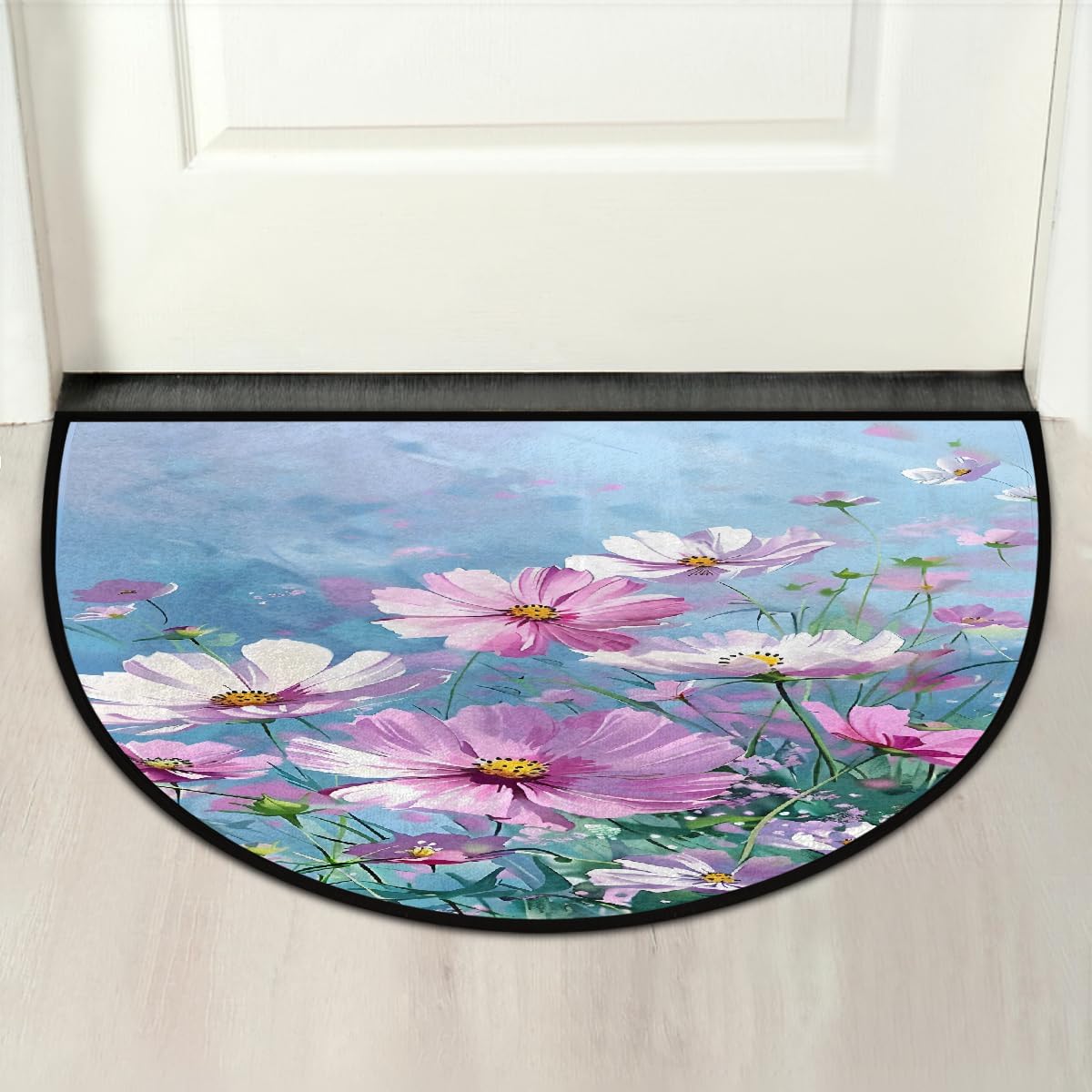 Half Round Door Mat Flower Pink Green Half Moon Rug Washable Half Circle Area Rugs Indoor Entrance Non Slip Semi Circle Bathroom Rugs Floor Carpet for Kithen Bedroom Fireplace Decor