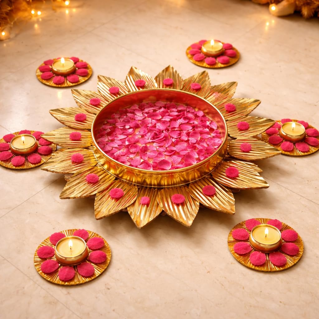 Agaas Enterprises Lotus Design Golden Table Uruli/uruli with T-Light Candle Holder for Diwali/Wedding/Home Decoration 12inch with Lotus Tealight Holder Gift Item, Metal-image-23