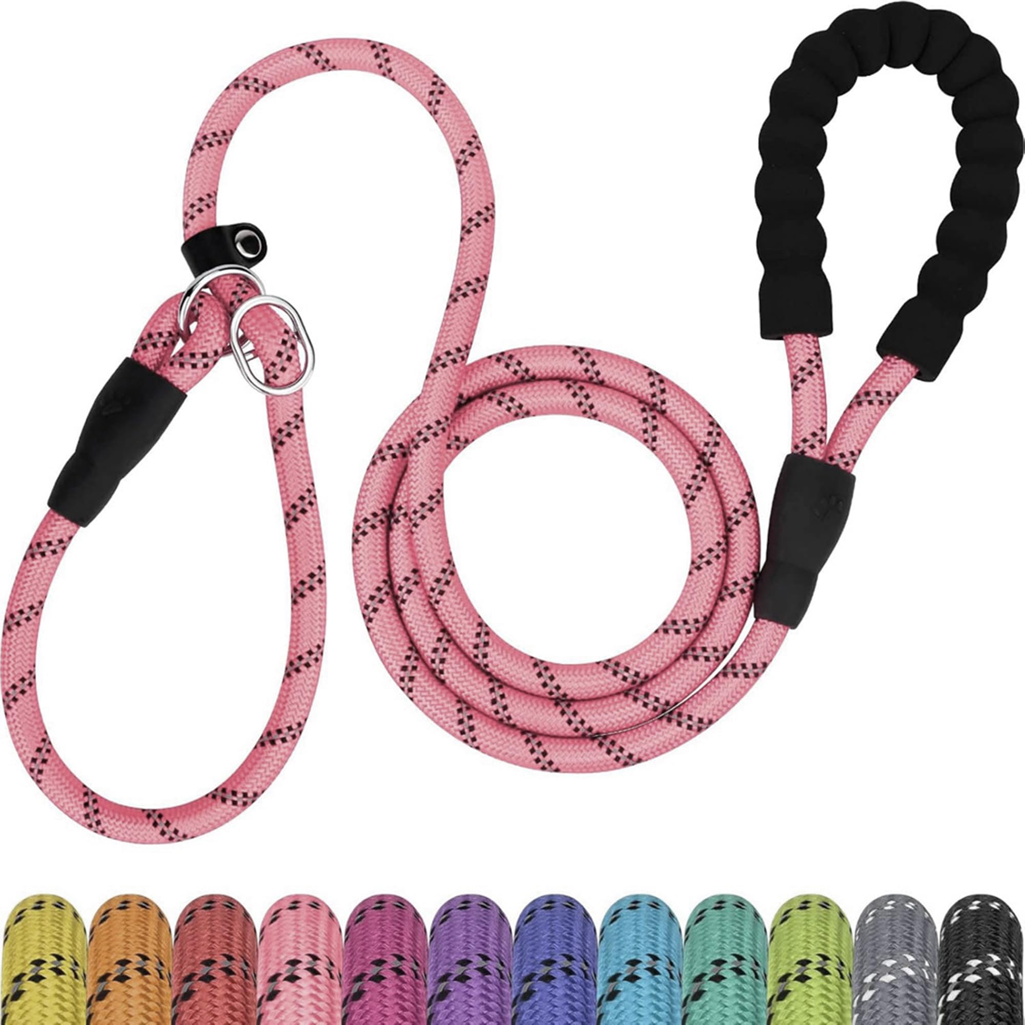 Slip Dog Lead, 2-Meter Reflective Slip Lead with Padded Handle, Training Slip Lead for Small, Medium & Large Dogs | Enhanced Night Safety & Comfort (Light Pink)