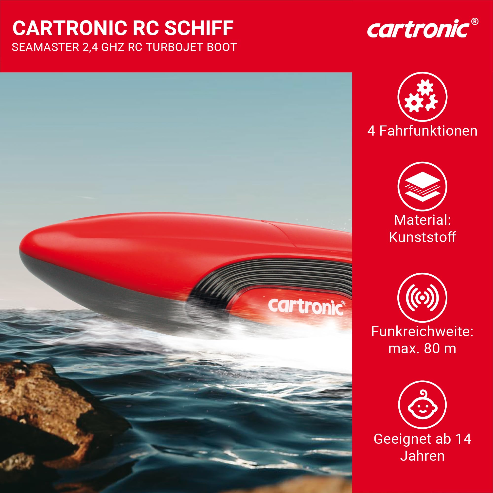 Seamaster 2.4 GHz Turbojet Boot rot, 34,5 x 12,6 x 8,0 cm, Geschwindigkeit 20-25 km/h, ferngesteuertes Schiff mit Licht, bis zu 80 m Reichweite, RC funkgesteuertes Schiff ab 14 Jahre
