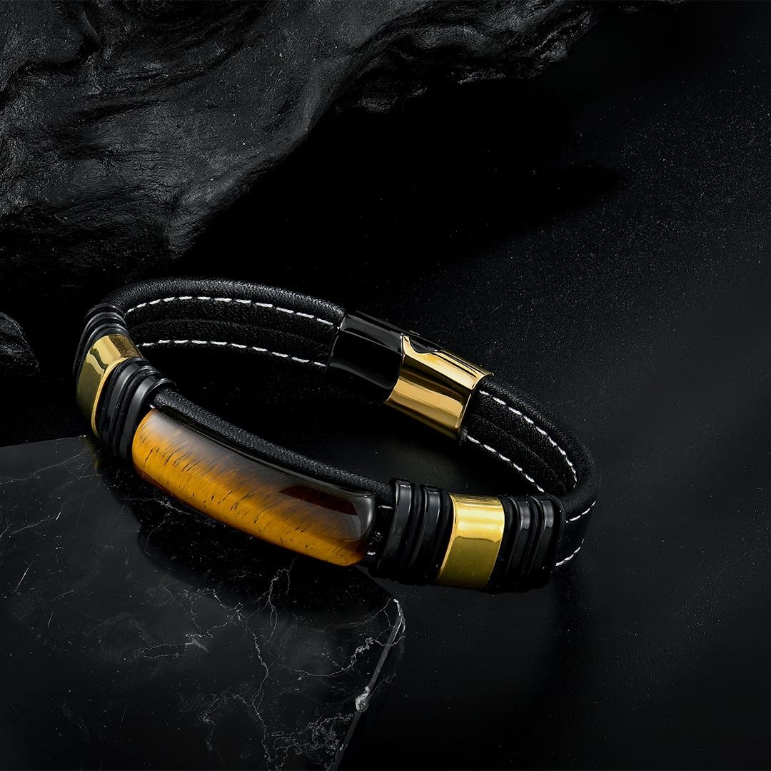 Mens Tiger Eye Bracelets Microfiber Leather Cuff Bracelet for Men Gifts on Father's Day Christmas Anniversary Birthday
