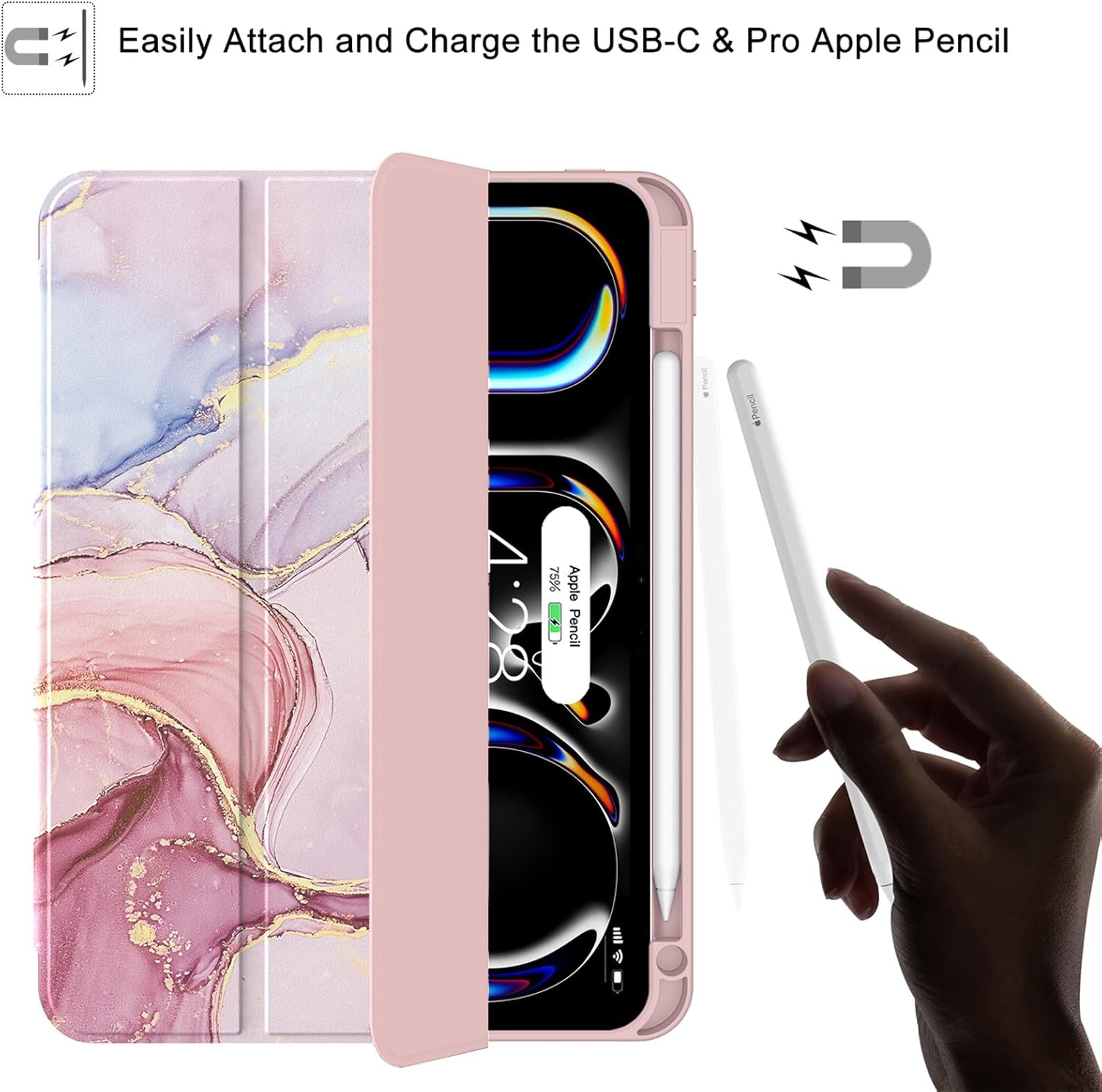 Soke Case for New iPad Pro 11 Inch (M5/M4) 5th Generation 2024-2025 with Pencil Holder - [Shockproof + Apple Pencil Charging + Auto Wake/Sleep], Soft TPU Back Cover for iPad Pro 11", Dreamy Marble