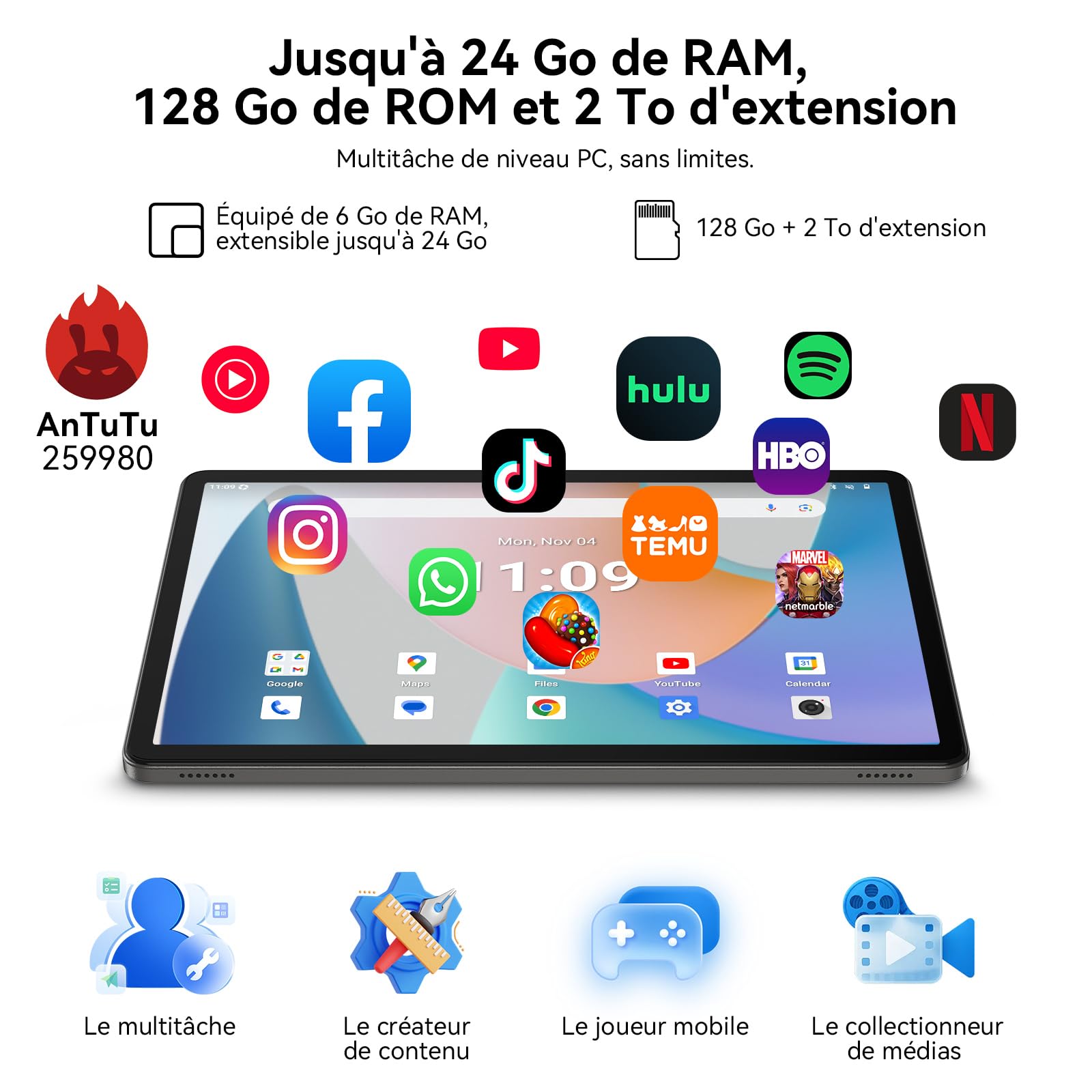Tablette 11 Pouces Android 16 avec Gemini AI 3.1 Pro, Écran 90Hz, Protection Oculaire TÜV, 24Go RAM+128Go ROM (2To), WiFi 5G, 8000mAh, Tablette Gaming Enfants & Adultes