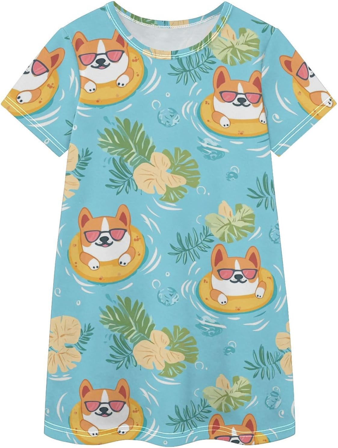 Corgi Swimming Girls Dresses Summer Dresses for Girls with Cotton Short Sleeves for Casual a Line Dress Size 2-8Y