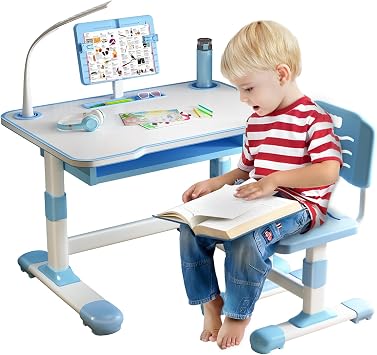 Kids Desk and Chair Set, Height Adjustable Student Desk and Chair Set with Storage Drawer, Backpack Hook, Ergonomic Kids Study Table and Chairs Sets 8-12 Year Old Blue