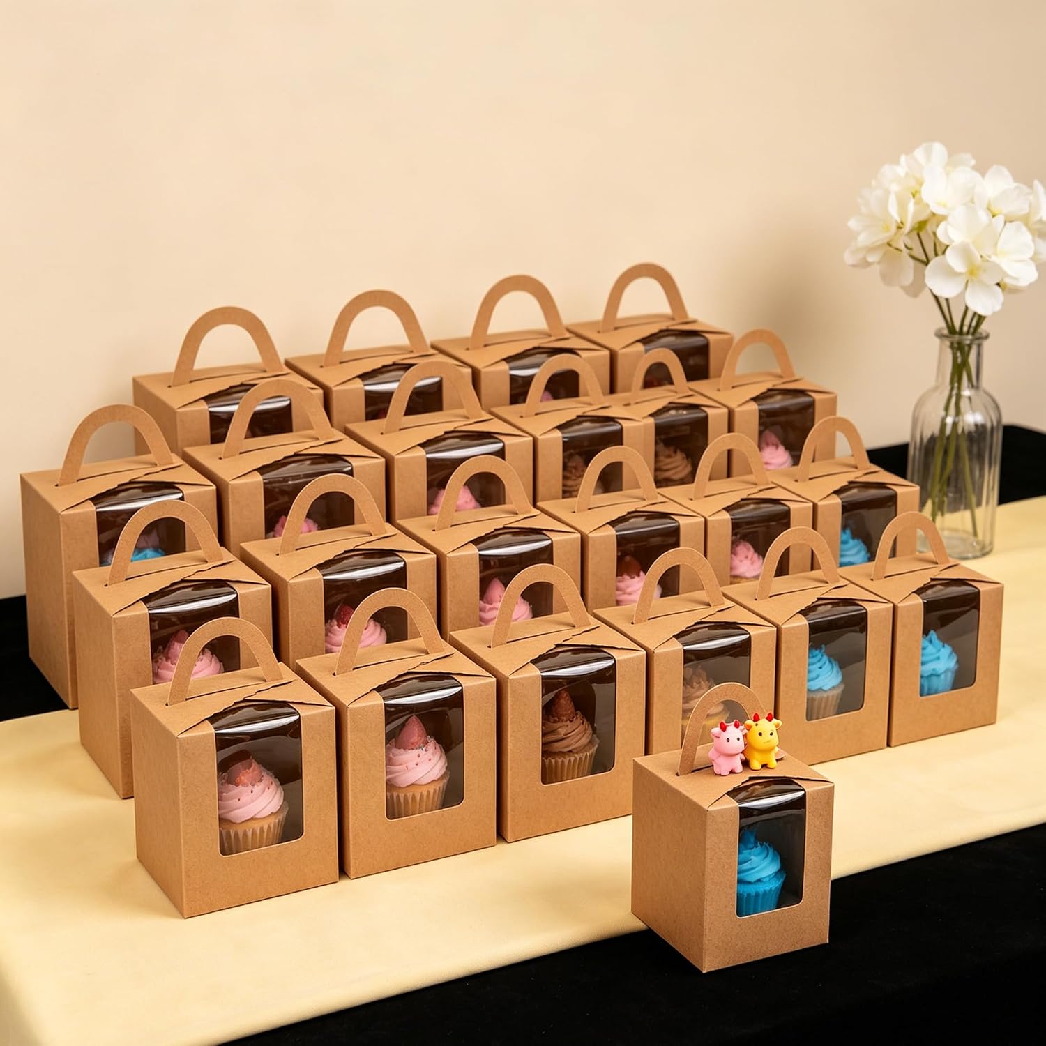 120 Pack Single Cupcake Box, Kraft Paper Individual Cupcake Container with Window Inserts, Brown Cupcake Packaging Box with Handles for Muffin, Cocoa Bomb, Party Favor Pastry Treat Boxes