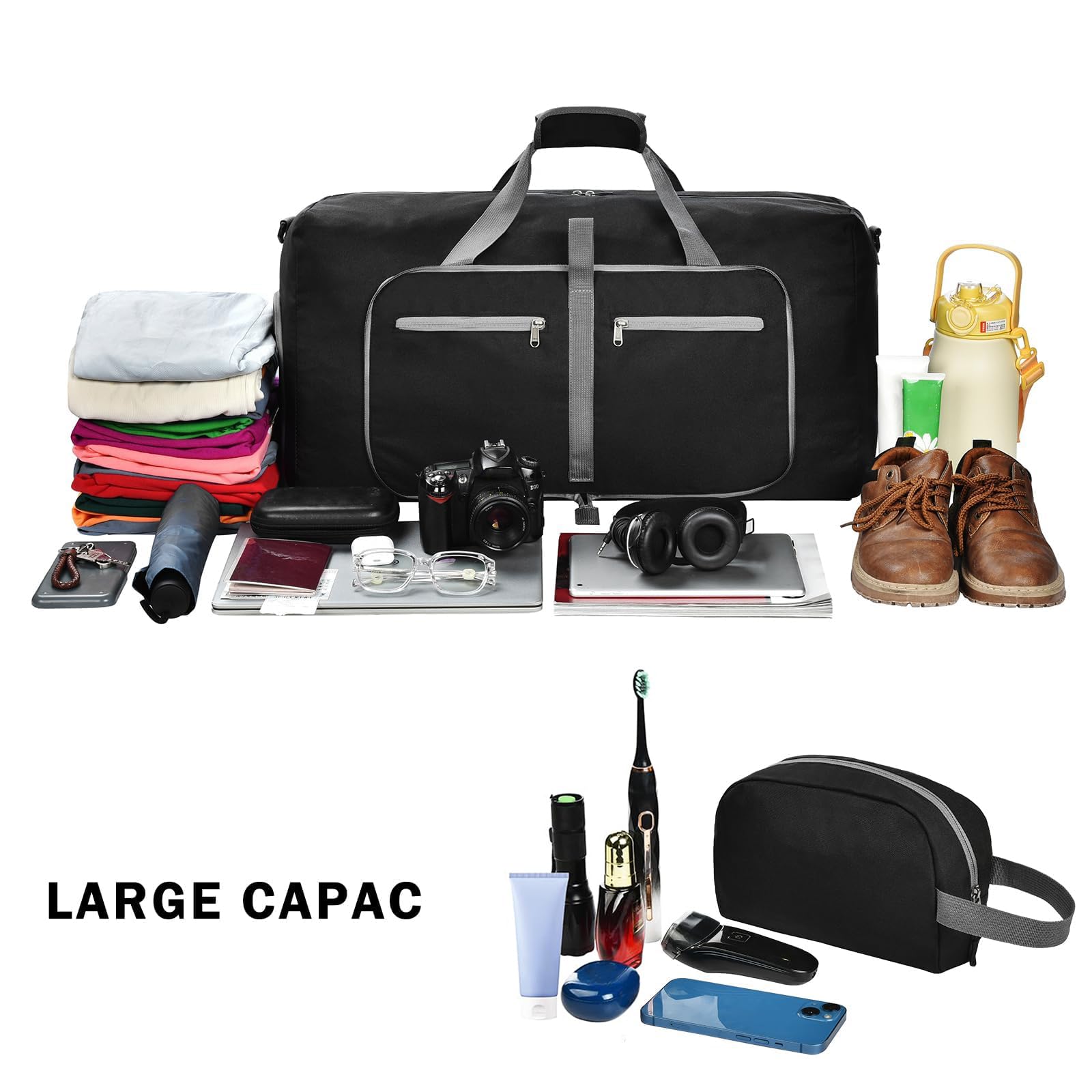 Felipe Varela Faltbare Reisetasche für Reisen, Wochenende, Übernachtung, Fitnessstudio, A Schwarz, 115L, Zusammenklappbar mit Schuhfach | Leichte, wasserdichte Reisetasche mit Schuhfach für Herren und Damen, inklusive Kulturbeutel