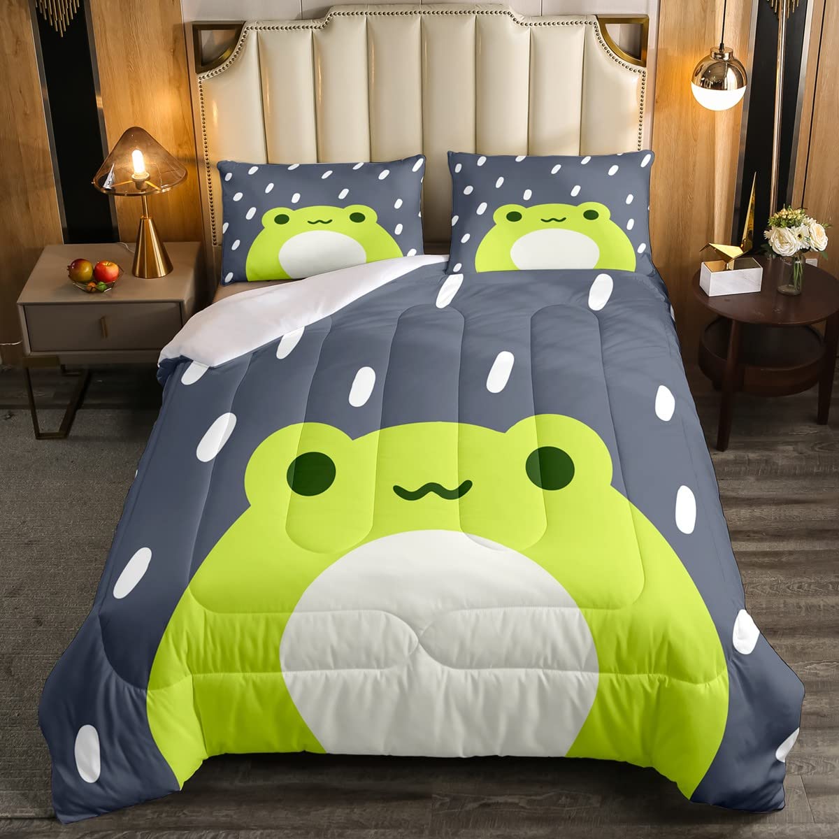 Loussiesd Cartoon Frog 3D Animals Duvet Set Rain Cute Animal Frog Green Gray Bedding Set For Kids Adults Down Comforter Ultra Soft Single Size