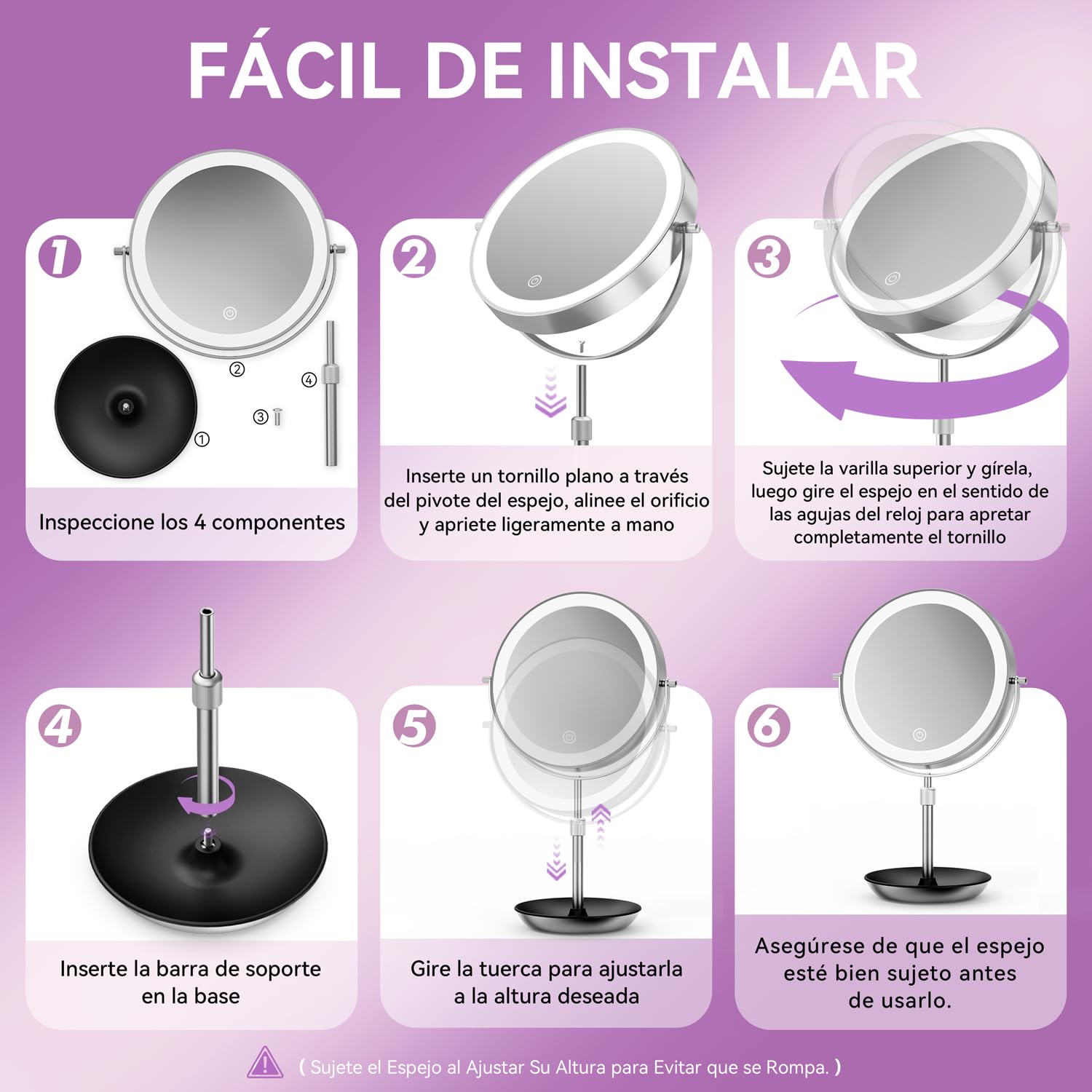 Auxmir Espejo Maquillaje con Luz, 30X/1X Aumento Espejo Telescópico Altura Ajustable 3000mAh Recargable USB, 3 Colores de Luz 60 Leds Brillo Regulable 360 Giratorio, Plata
