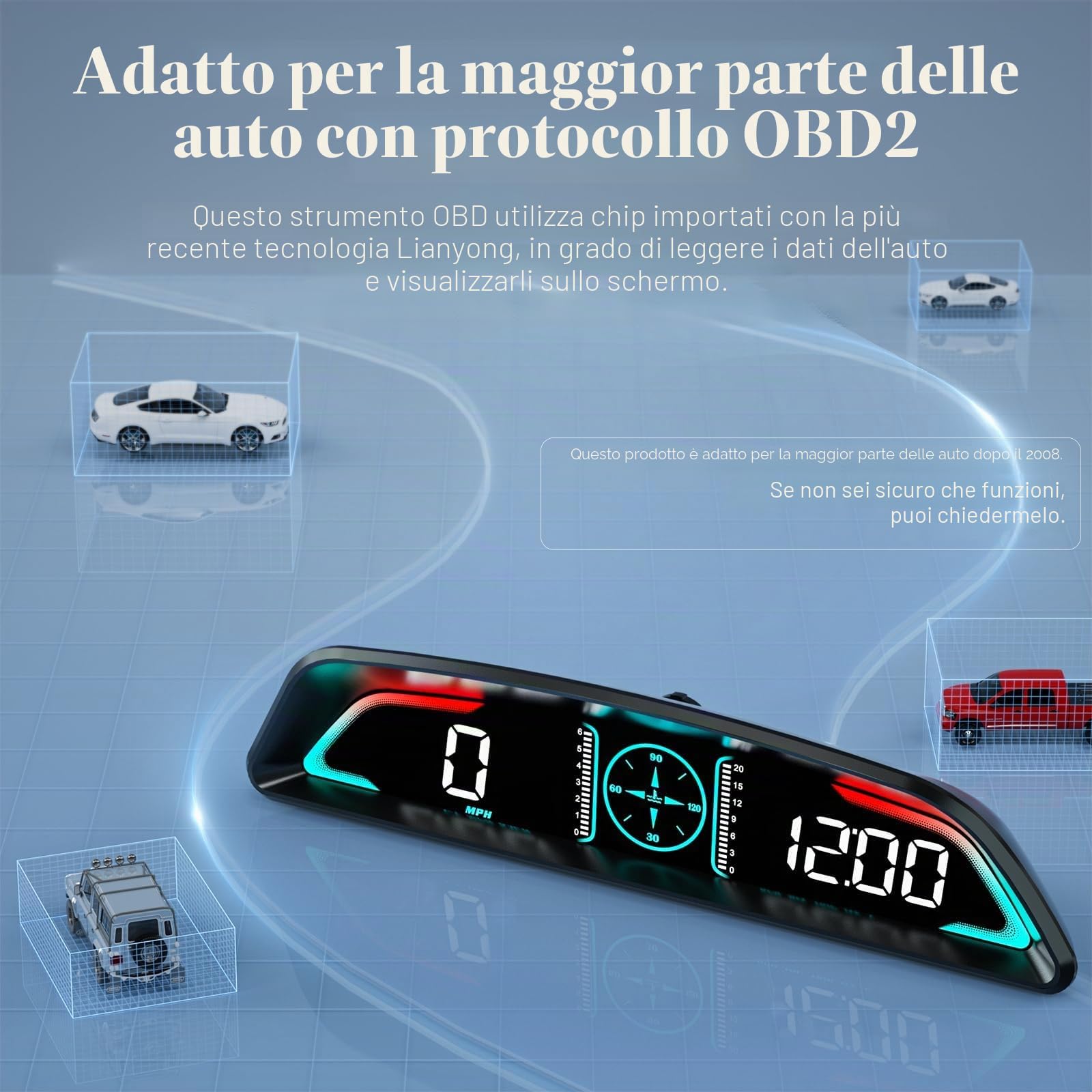 Car HUD Head Up Display, MPH and KM/H, AMROOLOO, Heads Up Display Car, Display Car Speed, RPM, Time and Other Functions, Digital Speedometro Auto MPH
