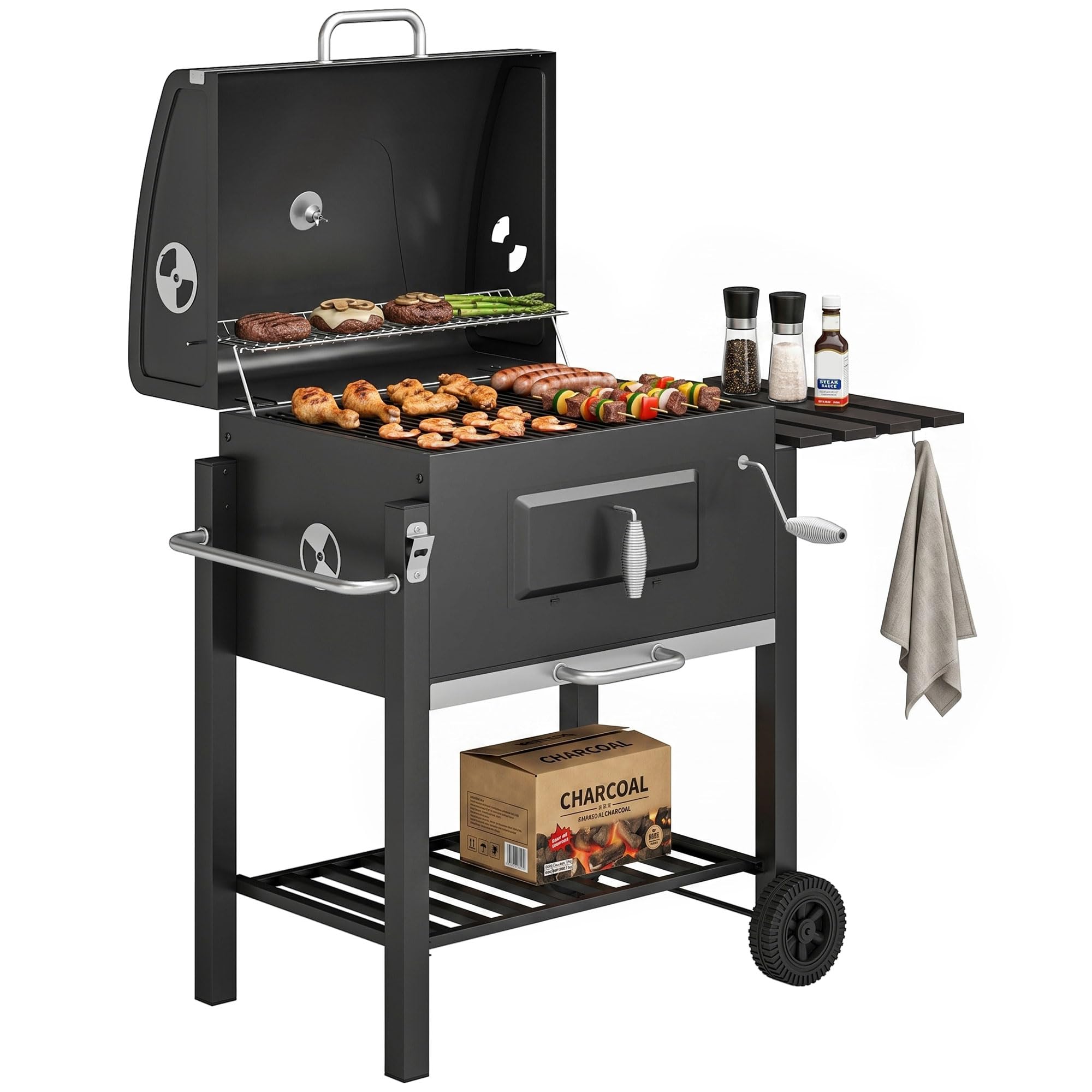 Outsunny Charcoal BBQ Grill Trolley - Black, Steel/Stainless Steel/Metal - 55 x 41.6cm Cooking Area