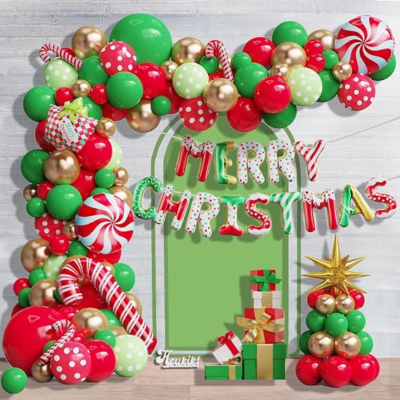 Christmas Balloon Garland Arch Kit, 157pcs Red Green Gold Latex Balloons with Candy Cane Merry Christmas Foil Balloon for Xmas Holiday New Year Lollipop Party Decorations