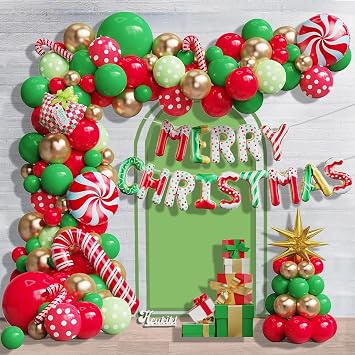 Christmas Balloon Garland Arch Kit, 157pcs Red Green Gold Latex Balloons with Candy Cane Merry Christmas Foil Balloon for Xmas Holiday New Year Lollipop Party Decorations