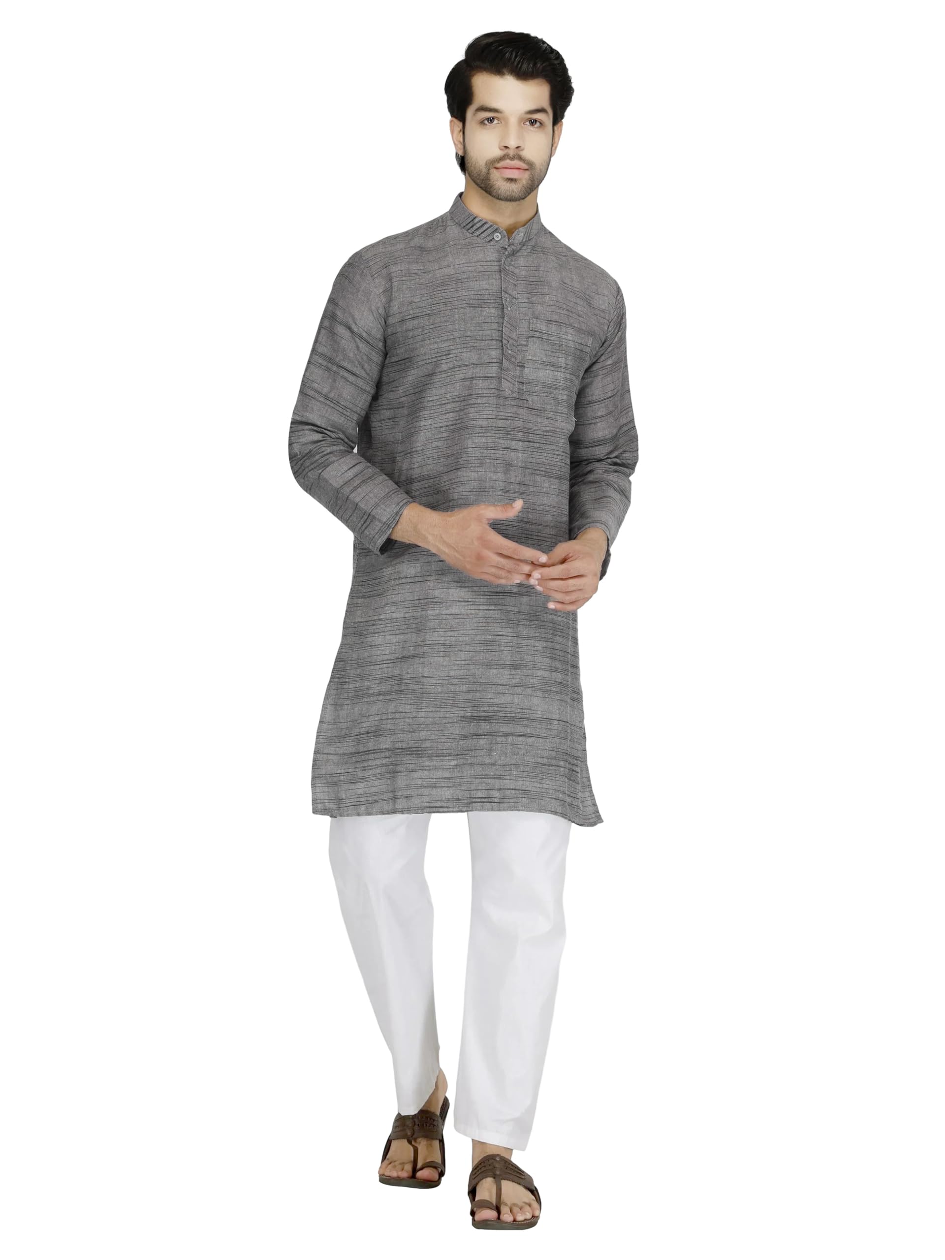 aaryavar Men's Khadie Cotton - Kurta Pyjama Set (Dark Grey, M)-picture-47