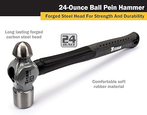 Miniatura 2 de Titan 63016 Martillo de bola de 24 onzas, cabeza de acero forjado, mango de fibra de vidrio absorbente de golpes de 13.5 pulgadas con agarre de goma