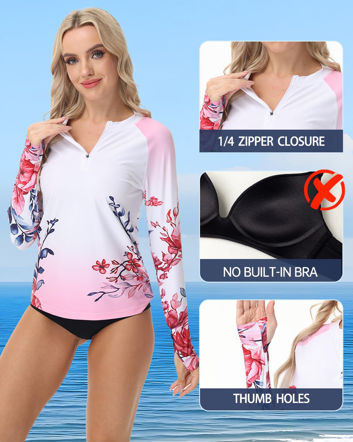 VAYAGER Camiseta UV de natación para Mujer - Manga Larga Cremallera 1/4 UPF 50+ Rashguard protección Solar Secado rápido Top de baño para Surf
