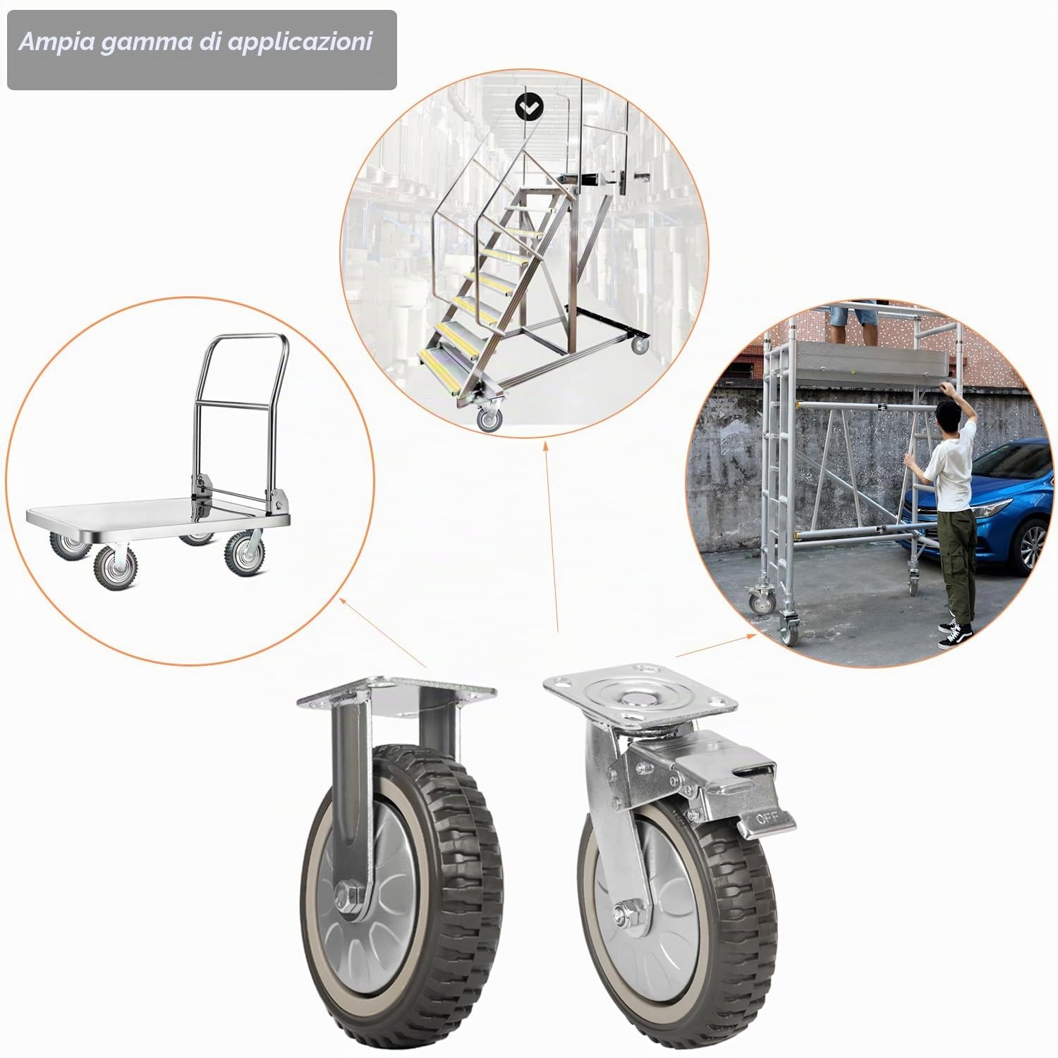 Nisorpa Ruote Industriali 200 mm - Set 4 Pezzi: 2 Fisse + 2 Girevoli Con Freno - Carrello Resistente Per Mobili, Capacità 1400 kg