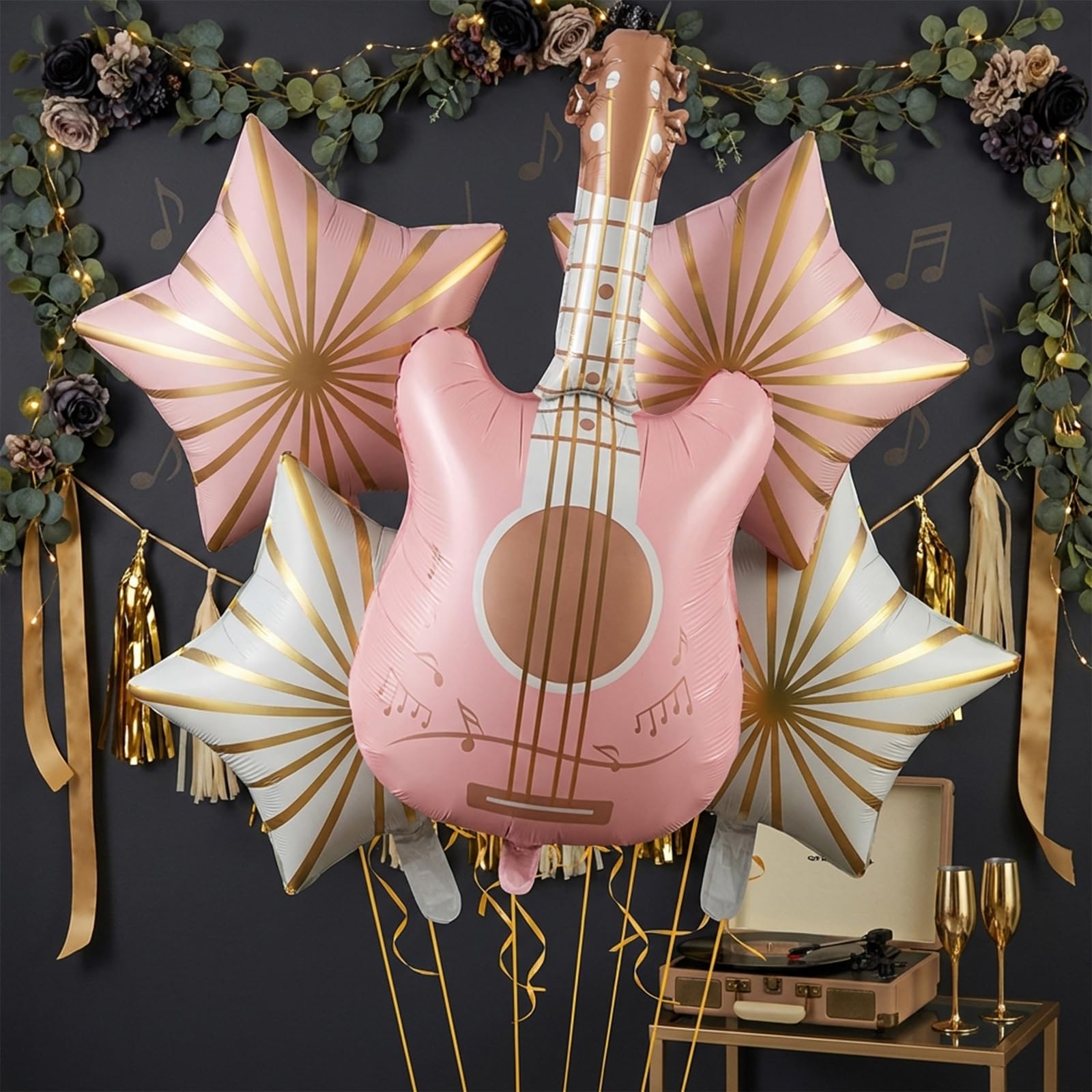 5PCS Guitar Theme Balloons - Pink & Blue Star Party Decorations, Foil Balloons for Music Party, Birthday Decor Supplies (1 Guitar + 4 Stars)