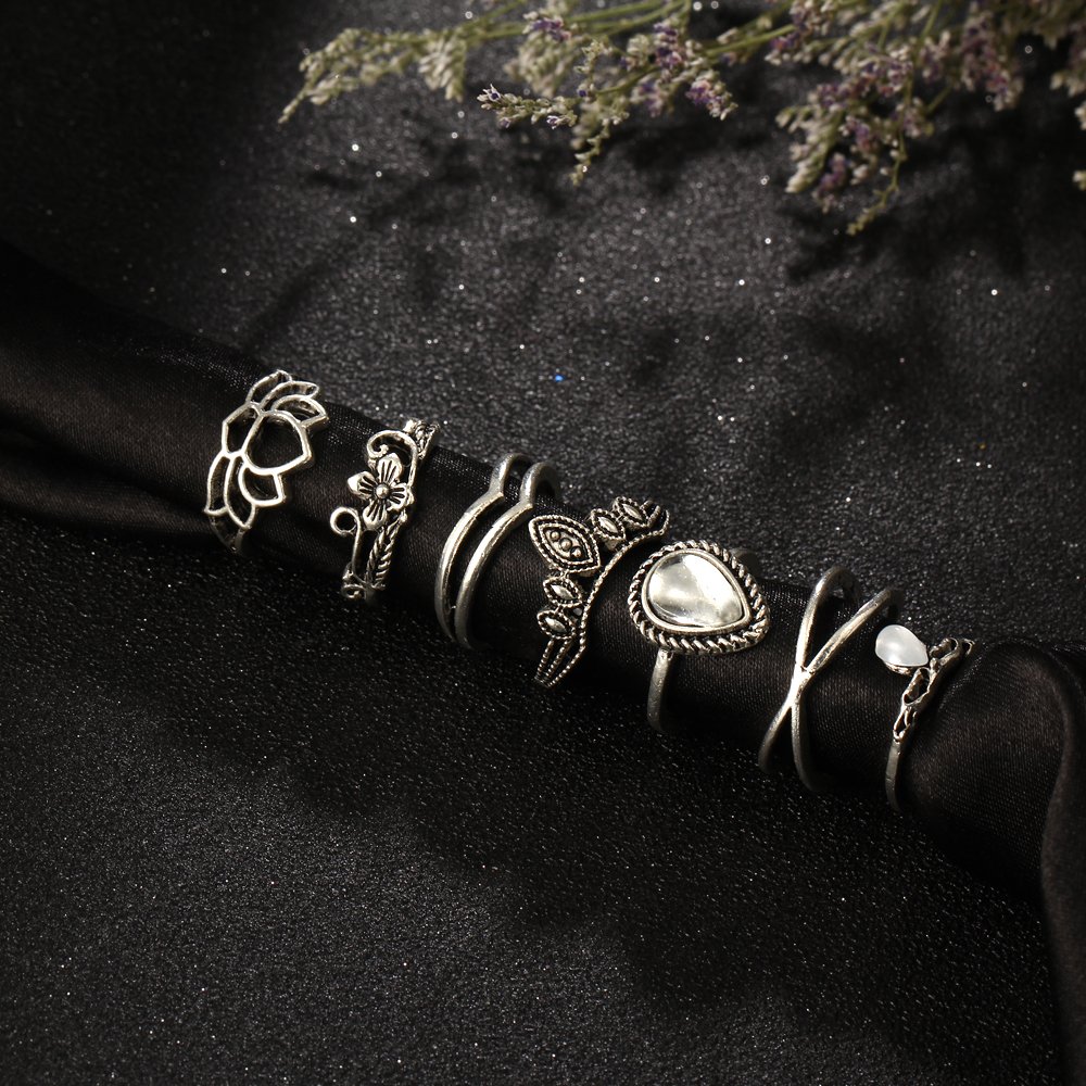 Set of 7 Boho Midi Finger Ring (Oxidised)