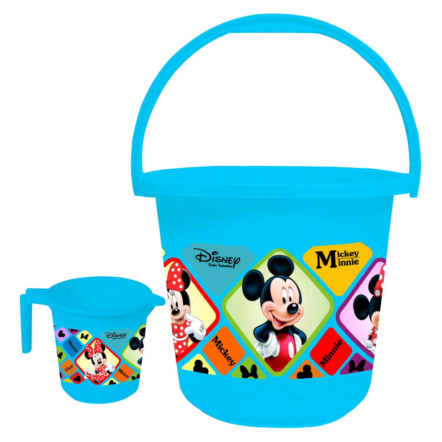 Kuber Industries Disney Mickey Minnie Print 2 Pieces Unbreakable Virgin Plastic Bathroom Bucket with Mug Set- Blue, (1 Pc 16 LTR Bucket & 1 Pc 500 ML Mug) -HS_35_KUBMARTS17929