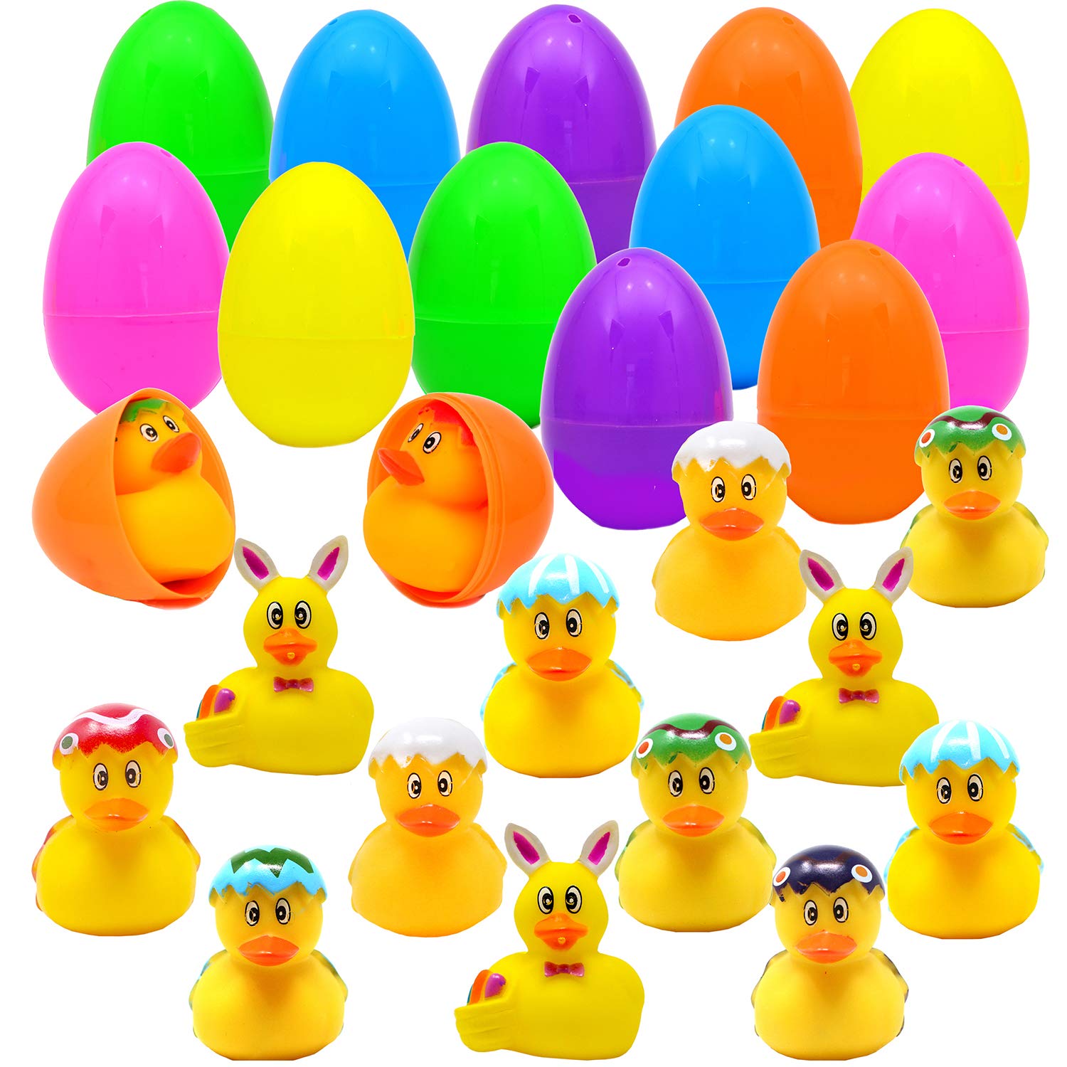 12 PCs Filled Easter Eggs with Rubber Duck Duckies, Bright Colorful Easter Eggs Prefilled with variety of Yellow Duckies for Fun Bath Squirt Squeaker Bunny Duckies, Basket Stuffers and Party Favors