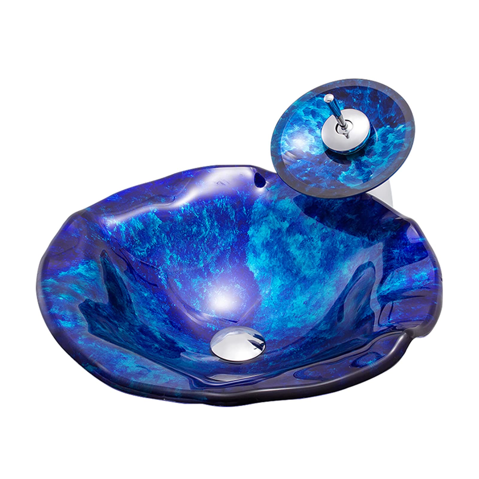 ASerZenith Bathroom Vessel Sink,18.5" Bathroom Sinks Tempered Glass Blue Art Basin Bowl, Lotus Flower Shape Sink With Waterfall Faucet And Pop-Up Drain