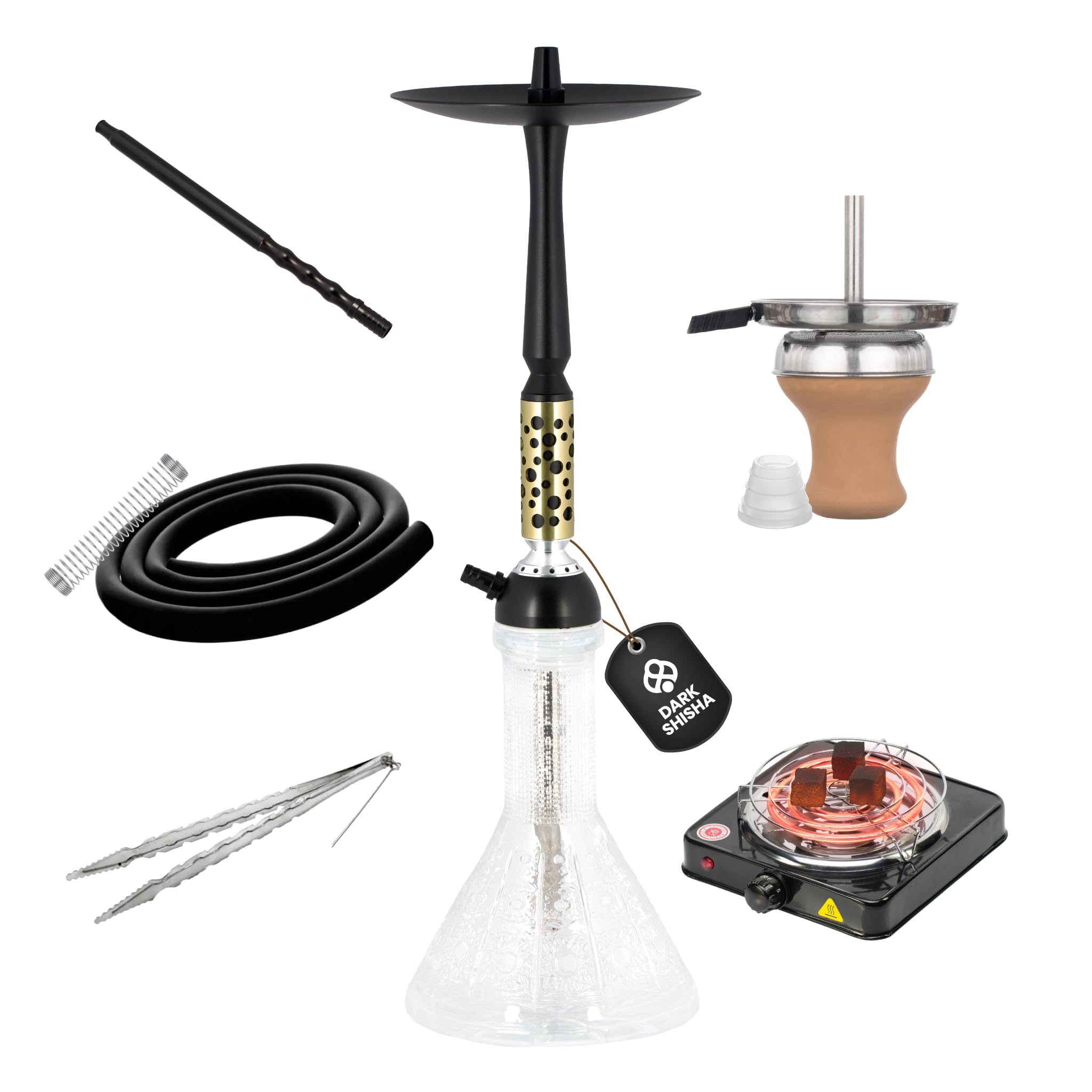 Dark Shisha Cachimba Nova 60 cm con Hornillo Eléctrico 1000W | Cachimba de Aluminio Negro con Cazoleta de Barro, Chimenea Metálica, Manguera de Silicona y Accesorios Completos