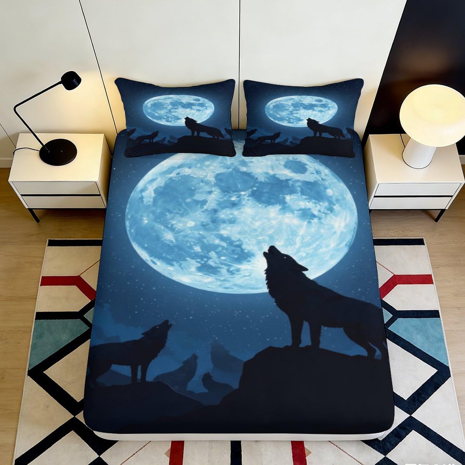 3D Printed Wolf Moon Fitted Sheet Microfiber Soft Breathable Night Sky Bed Cover for Bedroom Dormitory Guest Room Mattress Protection Decor 120x200x25cm