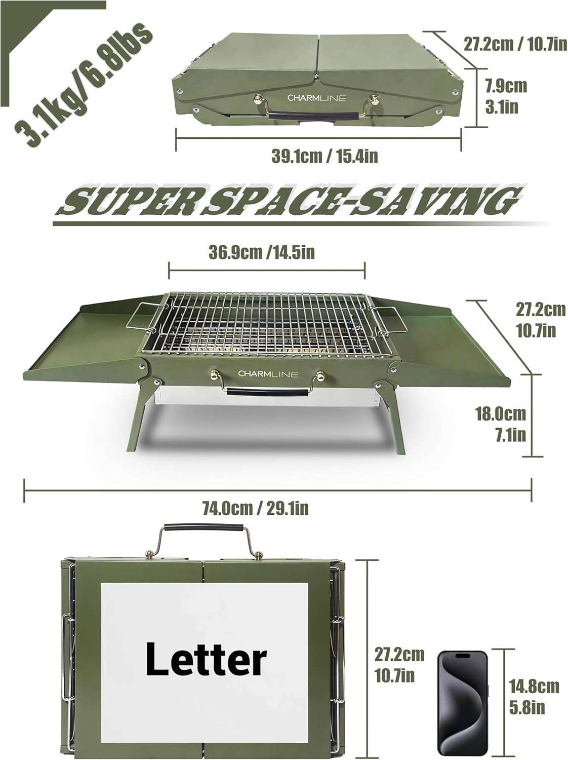 Charmline 15 x 11 inches Portable Charcoal BBQ Grill, Foldable Compact Camping Barbecue for 2–4 People, Ideal for Garden, Beach, Picnic & Tabletop Use, Green