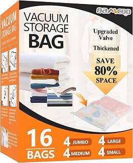 Vacuum Seal Bags for Clothing, Upgraded 16 Pack(4 Jumbo/4 Large/4 Medium/4 Small Vacuum Storage Bags) Space Saver Vaccine Sealed Storage Bag for Travel Blankets Bedding Luggage Comforters