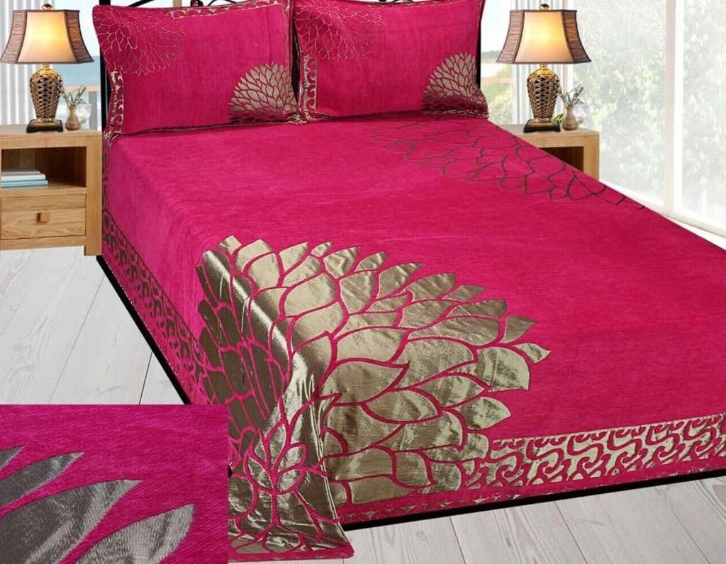 Akshya 250 TC Velvet Premium Chenille Double Bedsheet with 2 Pillow Cover - King Size, Pink