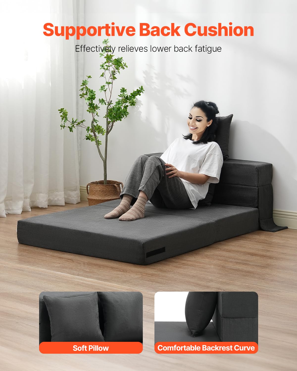 VEVOR Divano Letto Pieghevole con 2 Cuscini e Fodera Lavabile, Poltrona Letto Trasformabile in Memory Foam ad Alta Densità 25D, Divano Futon per Soggiorno, Camera da Letto, Grigio Scuro Singolo