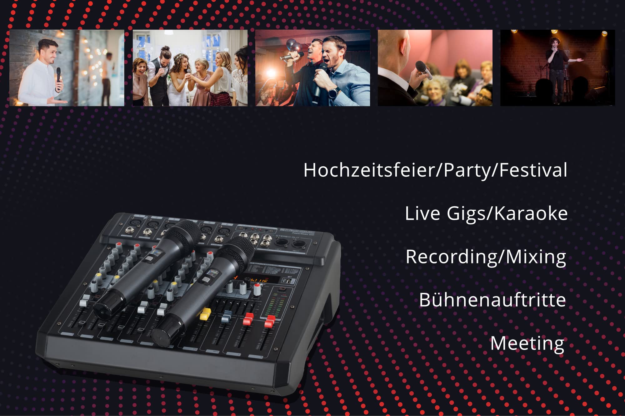 Pronomic Powermake 600 Powermischer - 6-Kanal-Mischpult - 2 UHF-Funkmikrofone - 760 Watt RMS-Leistung - 24Bit Multi-Effekt-Prozessor - Bluetooth®/USB-Player/Recorder - Grafischer Equalizer - Schwarz