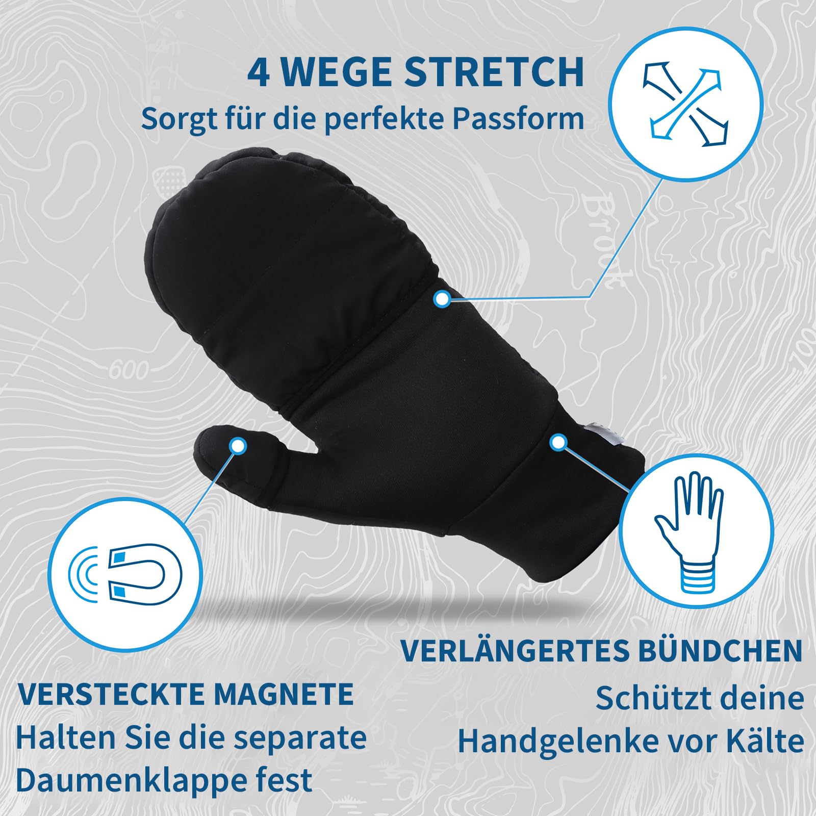 TrailHeads Isolierte wandelbare Fäustlinge für Damen – Winter Laufhandschuhe - schwarz